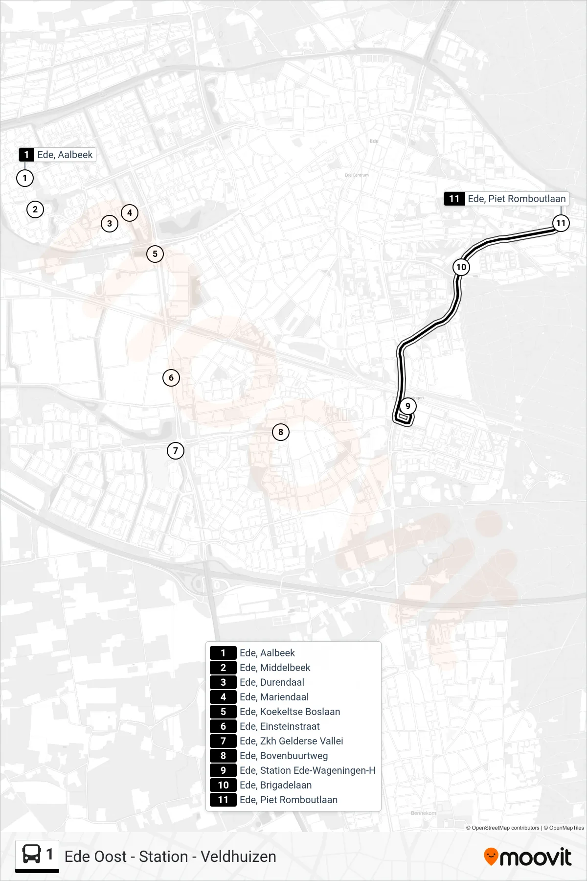 1 bus Line (Ede Oost) route and stops on a map