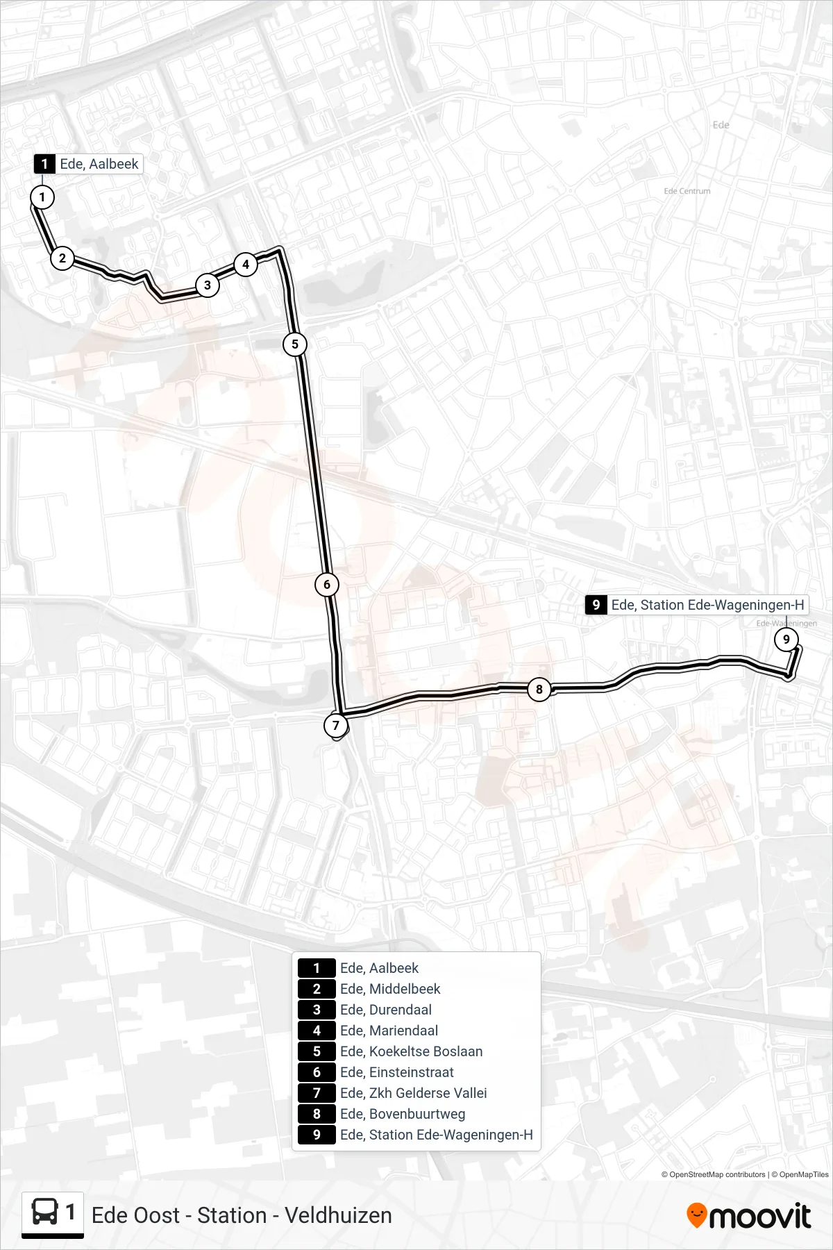 Lijn 1 (bus, Ede Station): route en haltes op de kaart