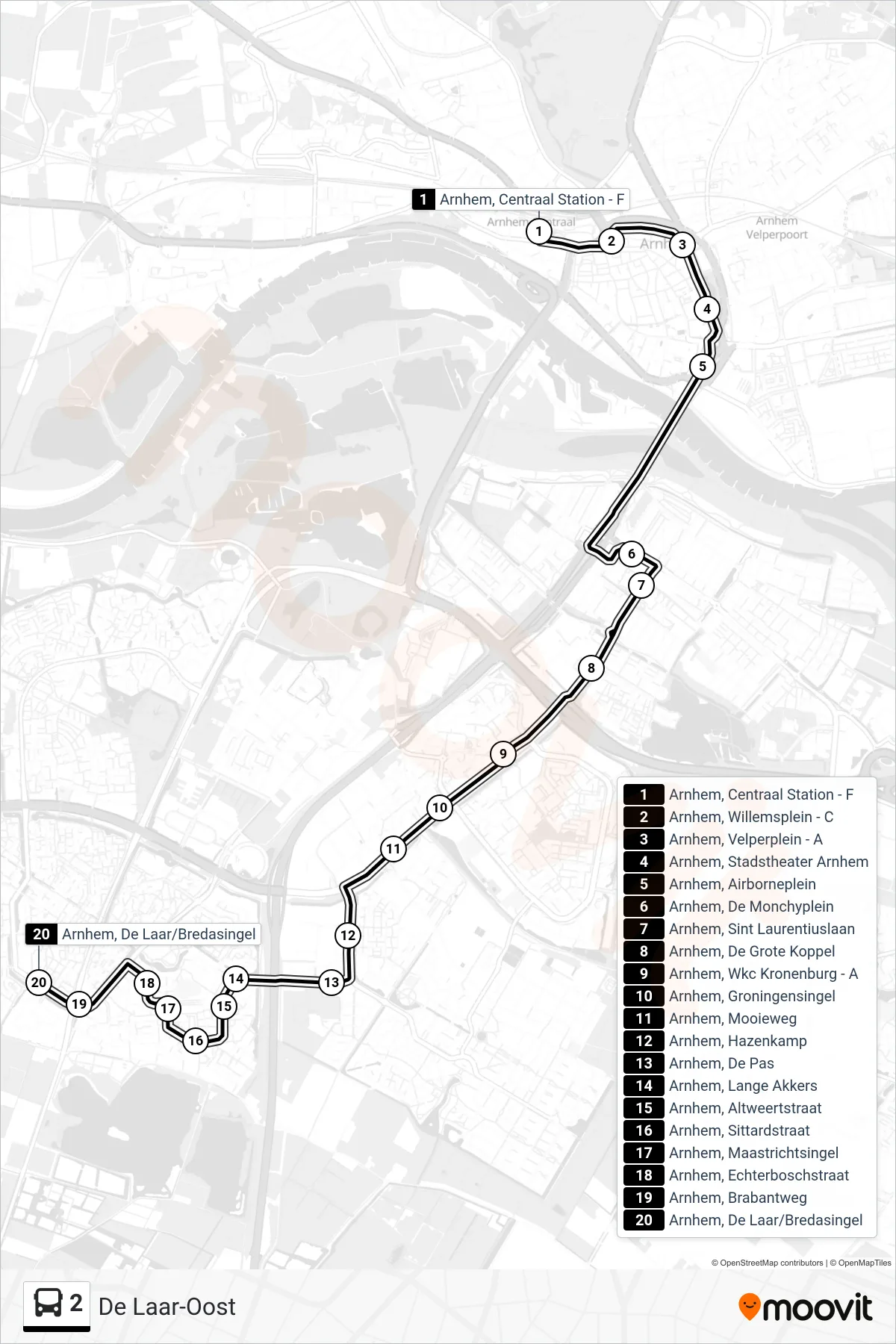 Lijn 2 (bus, De Laar-Oost): route en haltes op de kaart