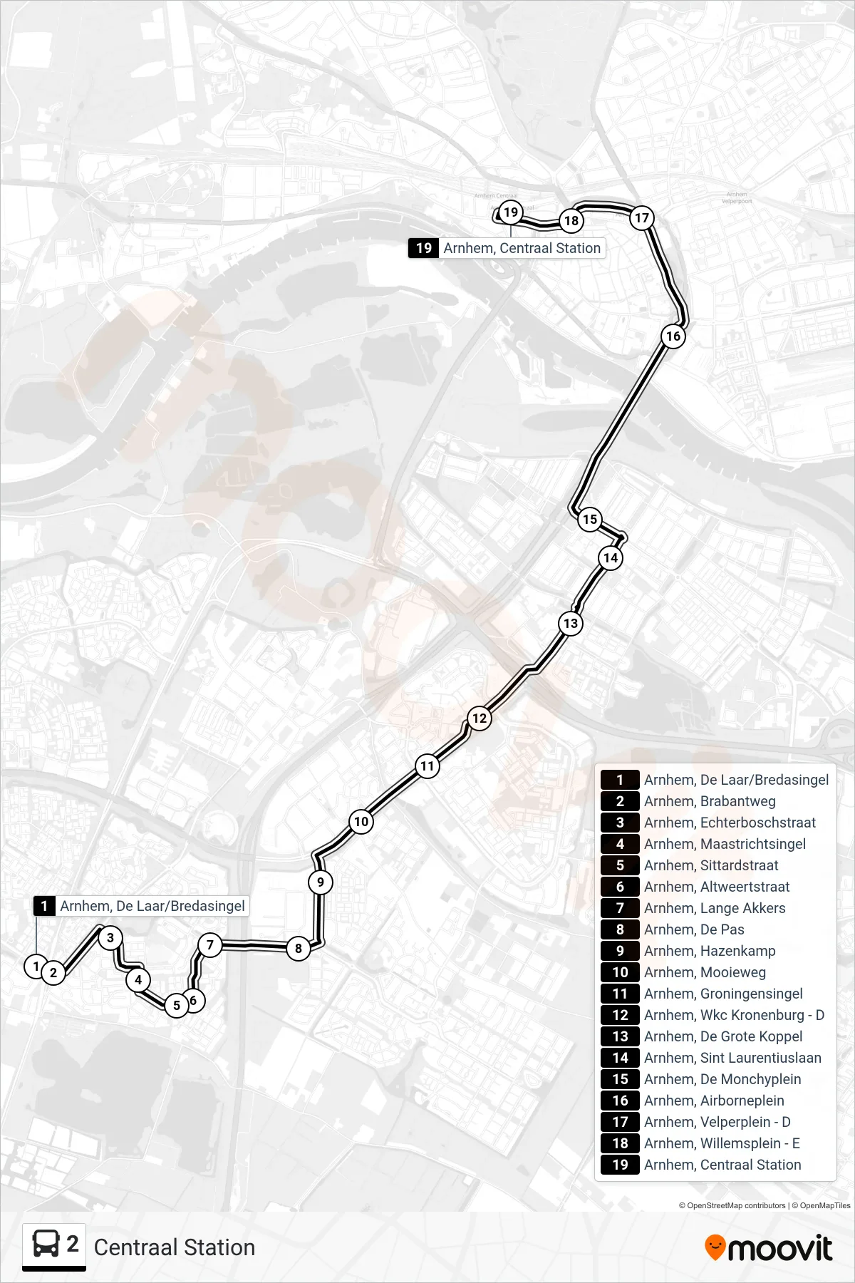 Lijn 2 (bus, Centraal Station): route en haltes op de kaart