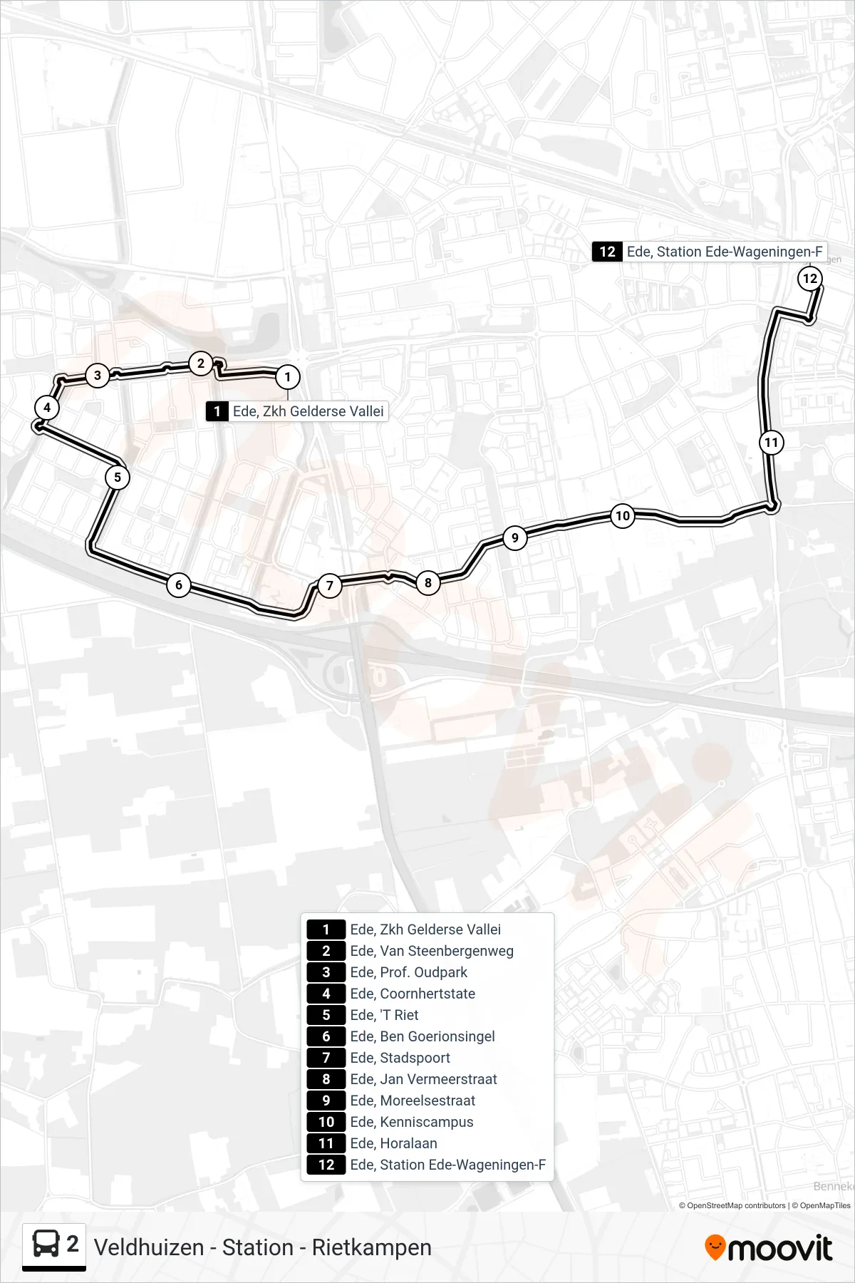 Lijn 2 (bus, Ede Station): route en haltes op de kaart