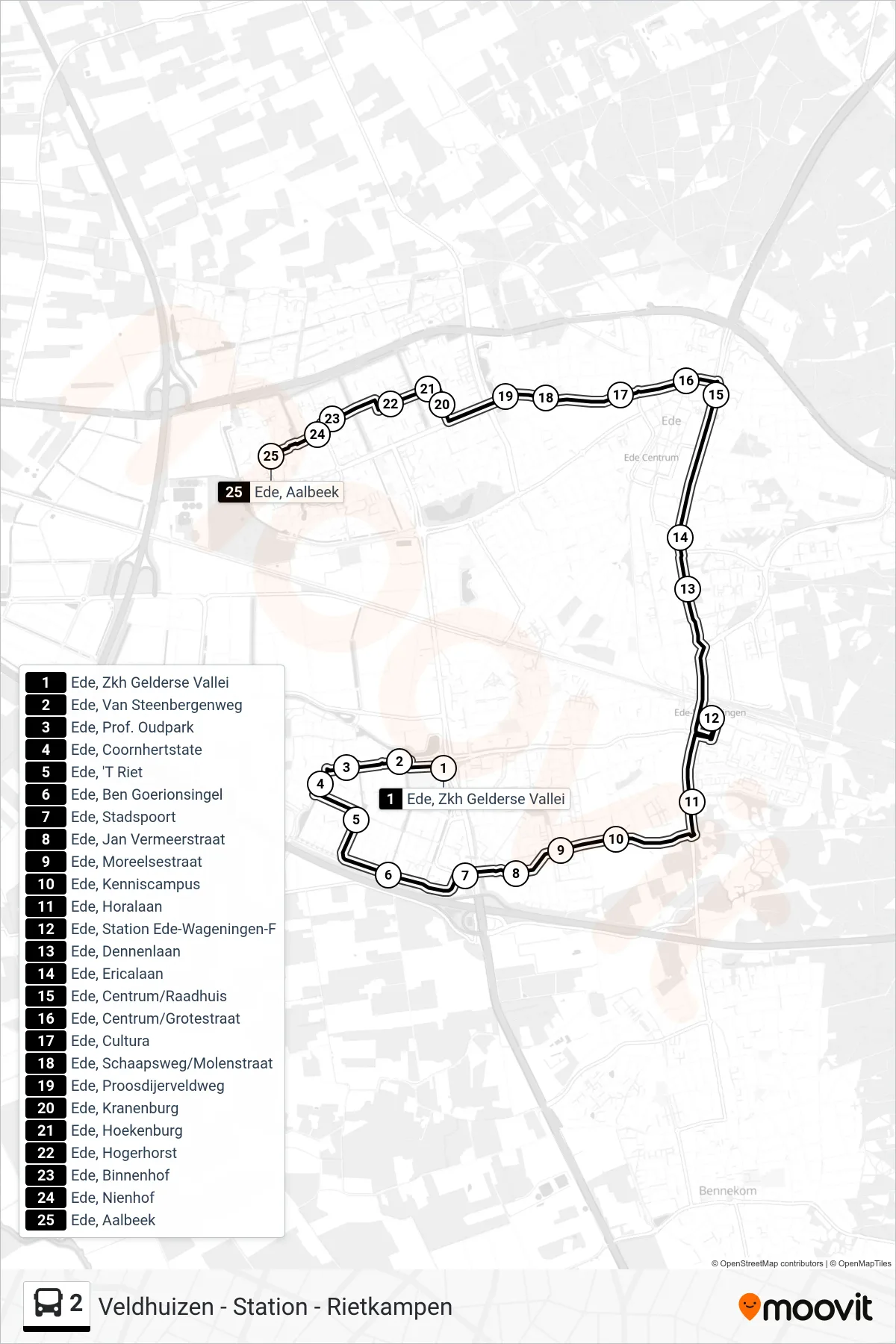 2 bus Line (Veldhuizen) route and stops on a map