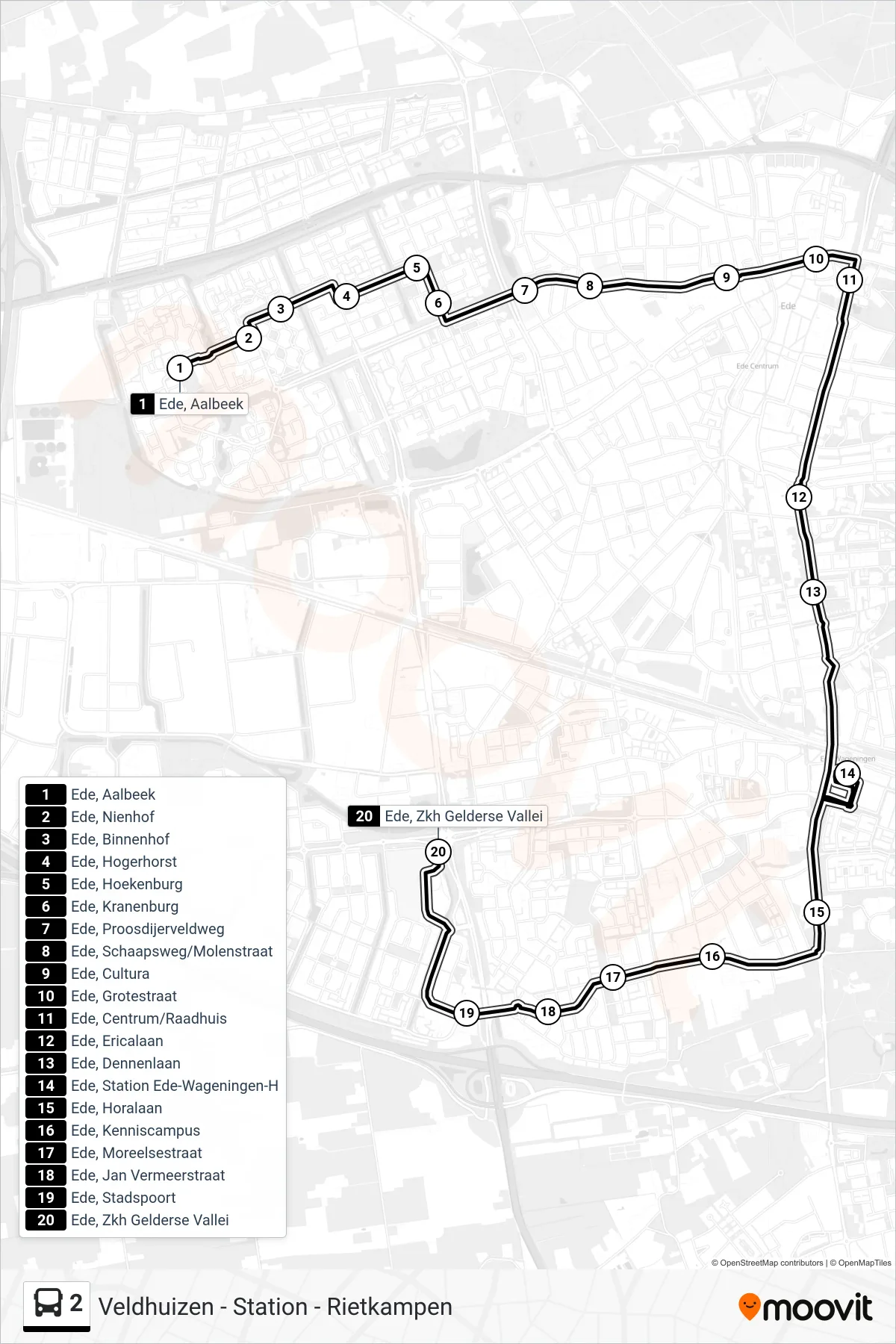Lijn 2 (bus, Rietkampen): route en haltes op de kaart