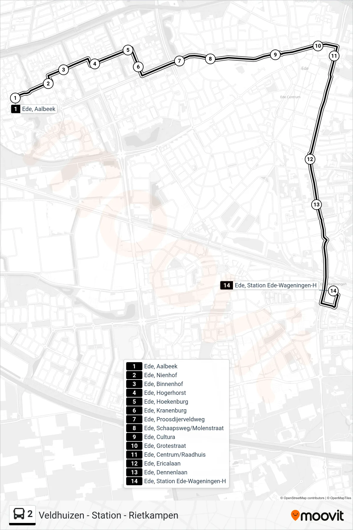 2 bus Line (Ede Station) route and stops on a map
