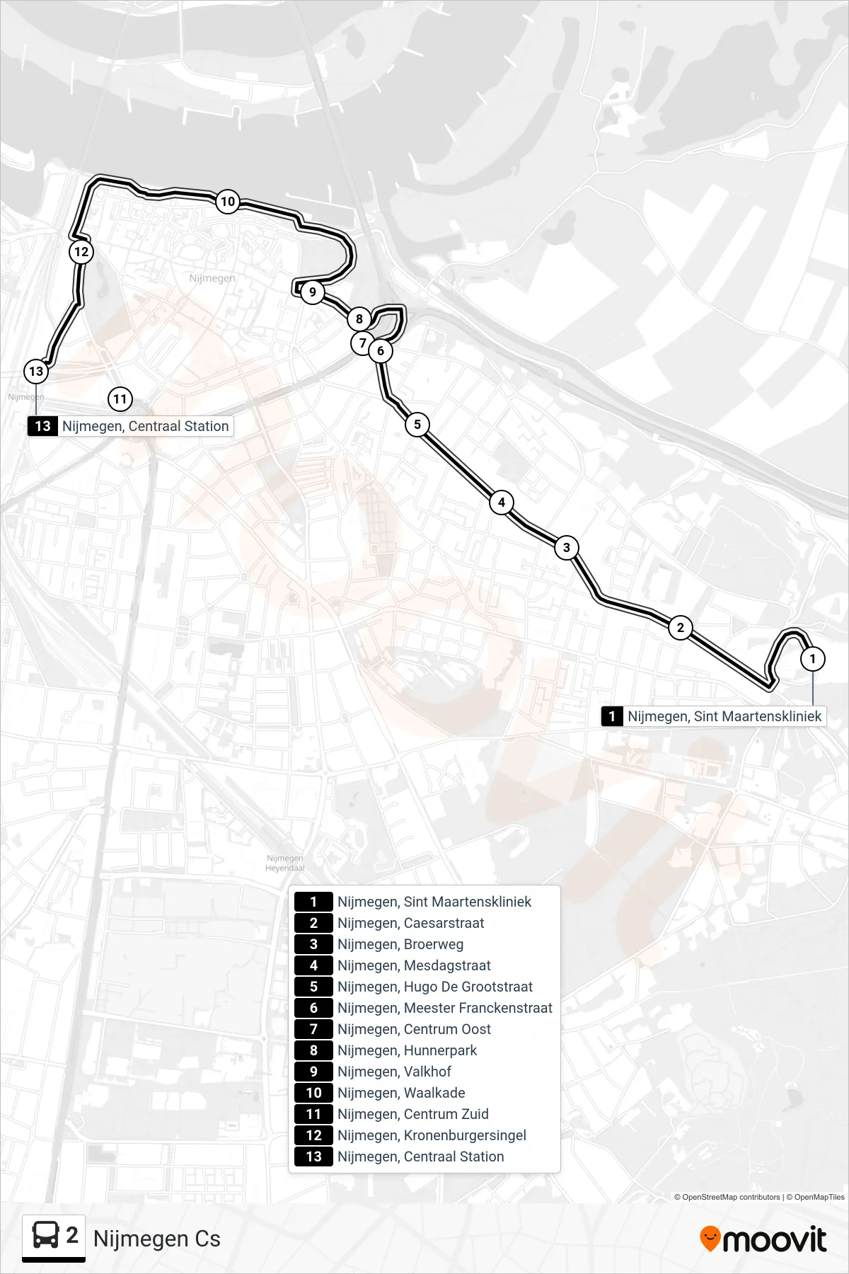 2 bus Line (Nijmegen Cs) route and stops on a map