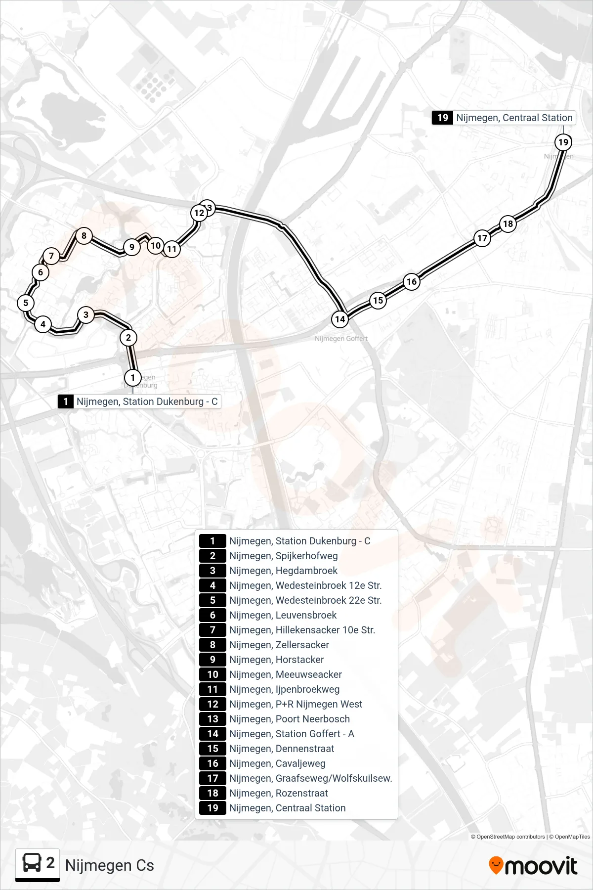 Lijn 2 (bus, Nijmegen Cs): route en haltes op de kaart