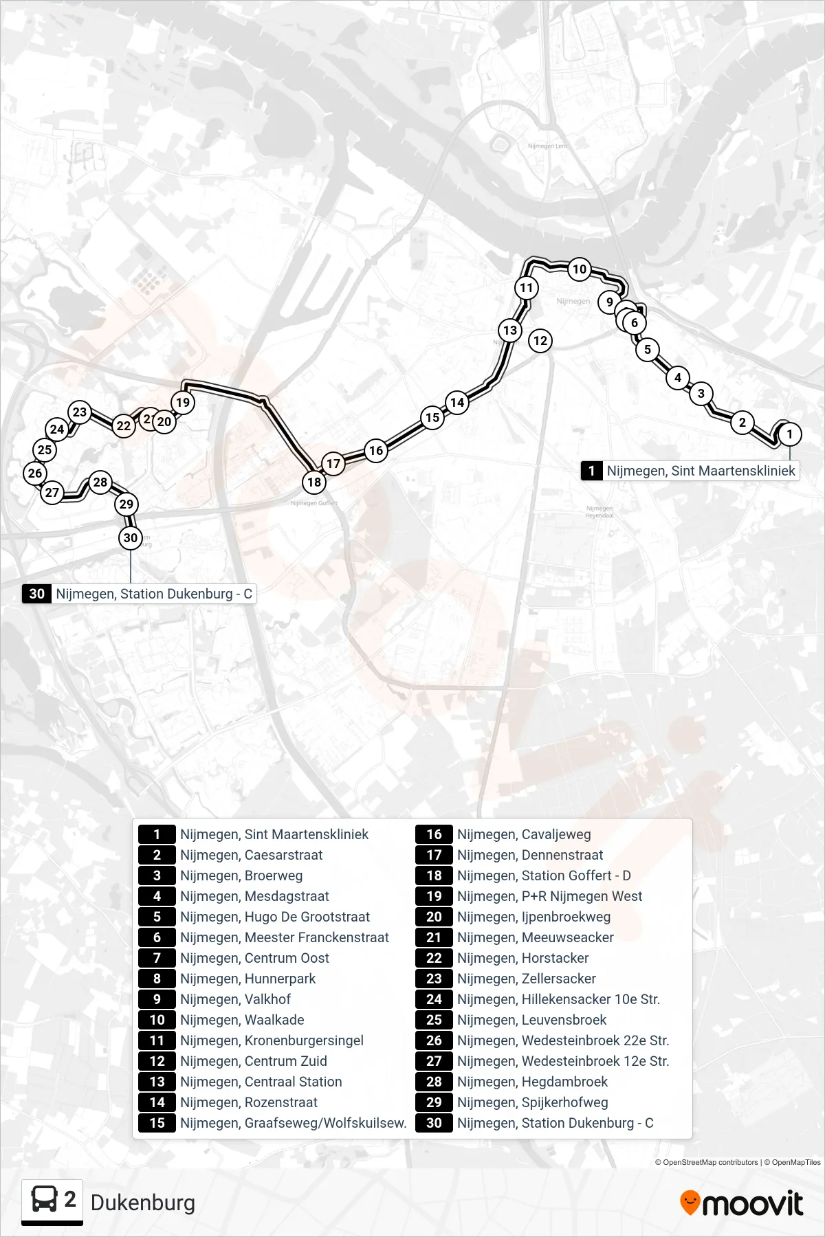 Lijn 2 (bus, Dukenburg): route en haltes op de kaart