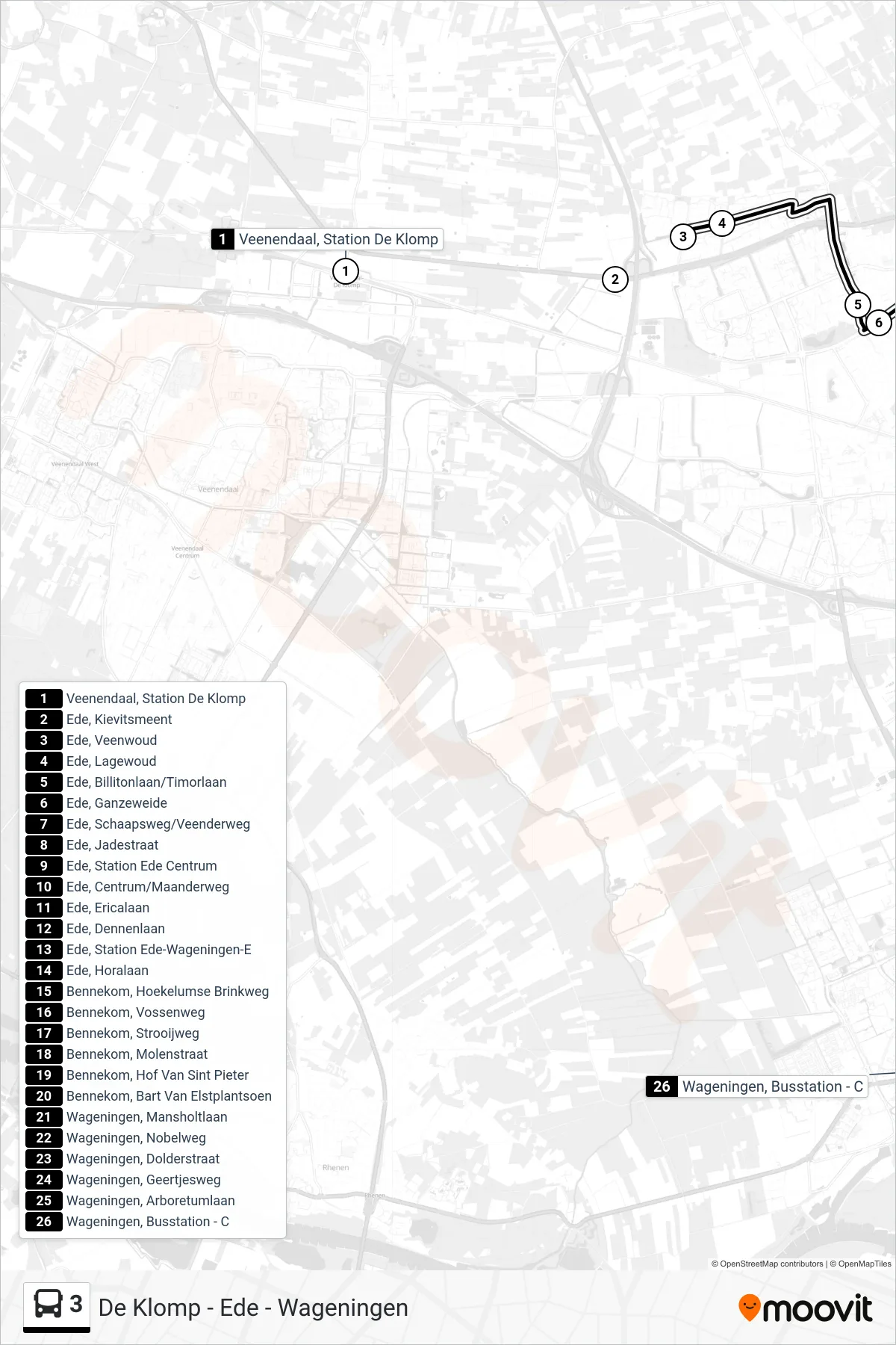 Lijn 3 (bus, Wageningen): route en haltes op de kaart