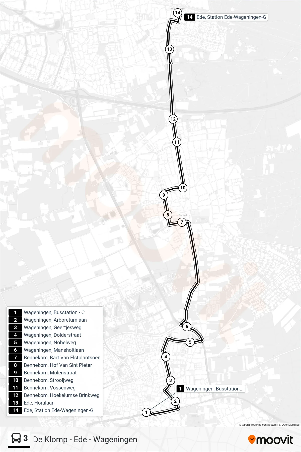 Lijn 3 (bus, Ede Station): route en haltes op de kaart