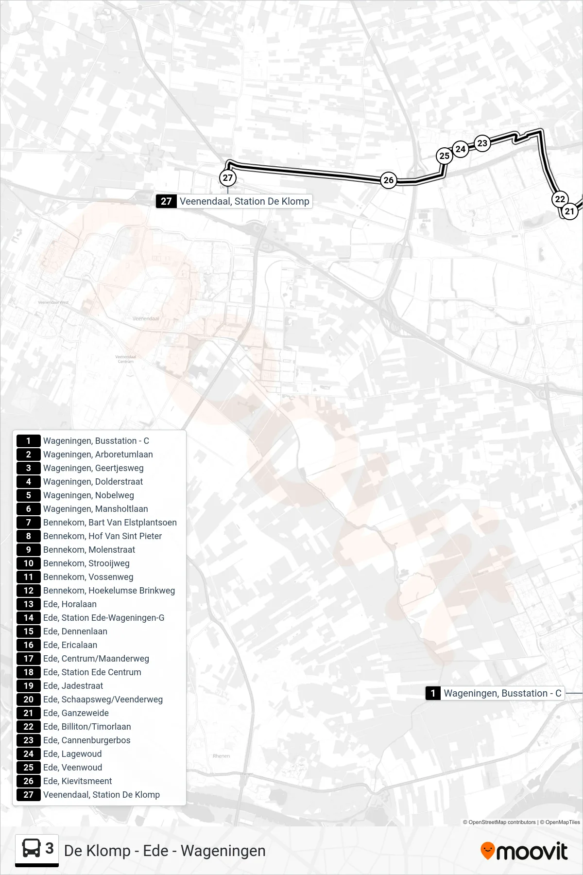 Lijn 3 (bus, Station De Klomp): route en haltes op de kaart
