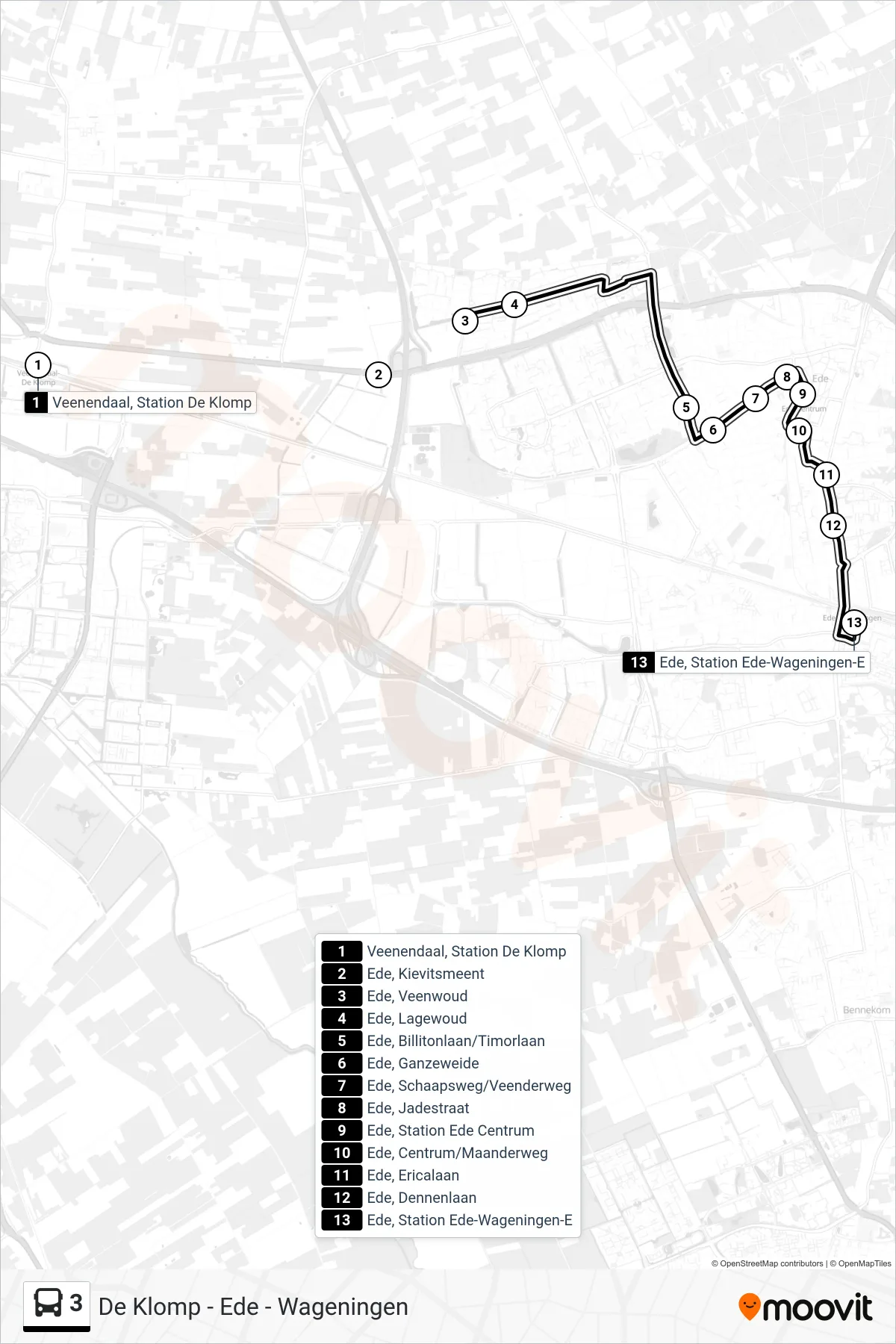 Lijn 3 (bus, Ede Station): route en haltes op de kaart
