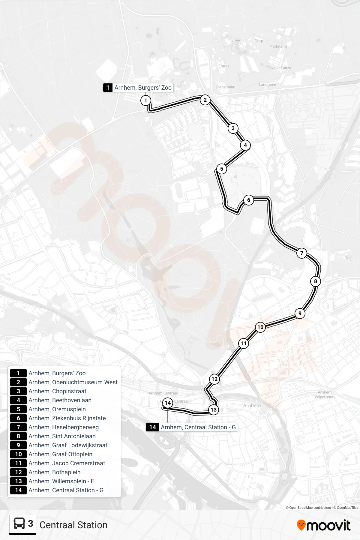 3 bus Line (Centraal Station) route and stops on a map
