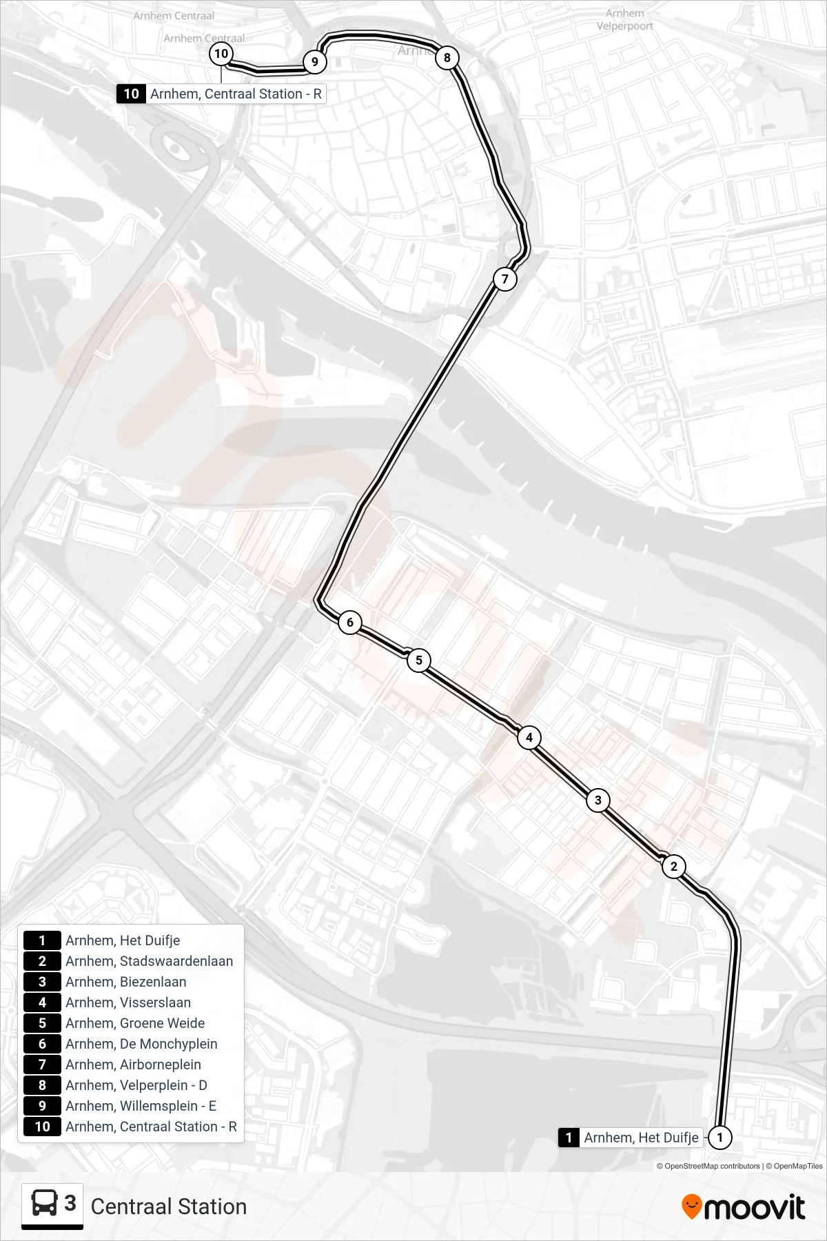 3 bus Line (Centraal Station) route and stops on a map