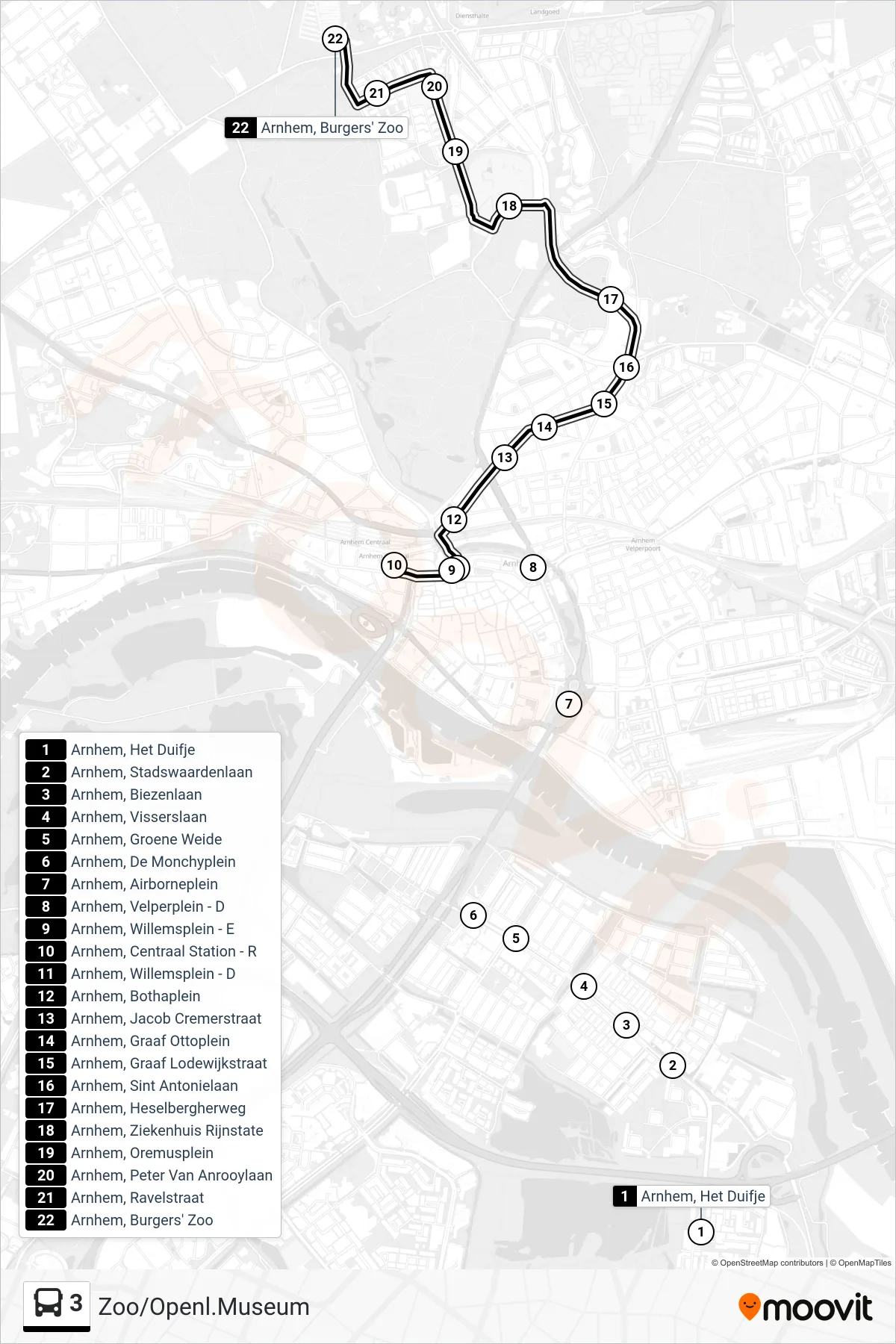 3 bus Line (Zoo/Openl.Museum) route and stops on a map