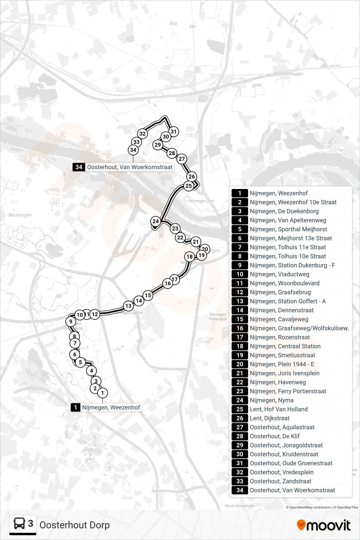 Lijn 3 (bus, Oosterhout Dorp): route en haltes op de kaart