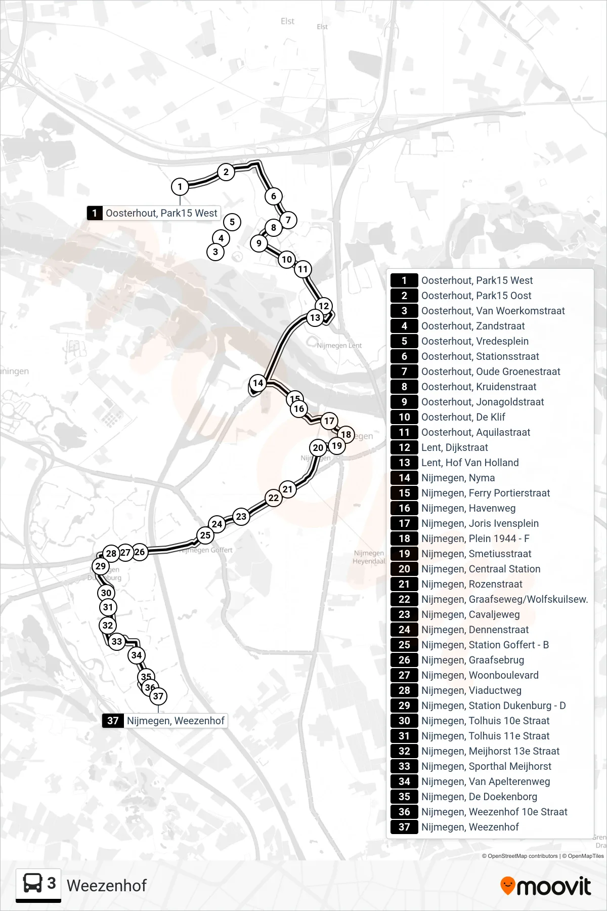 Lijn 3 (bus, Weezenhof): route en haltes op de kaart