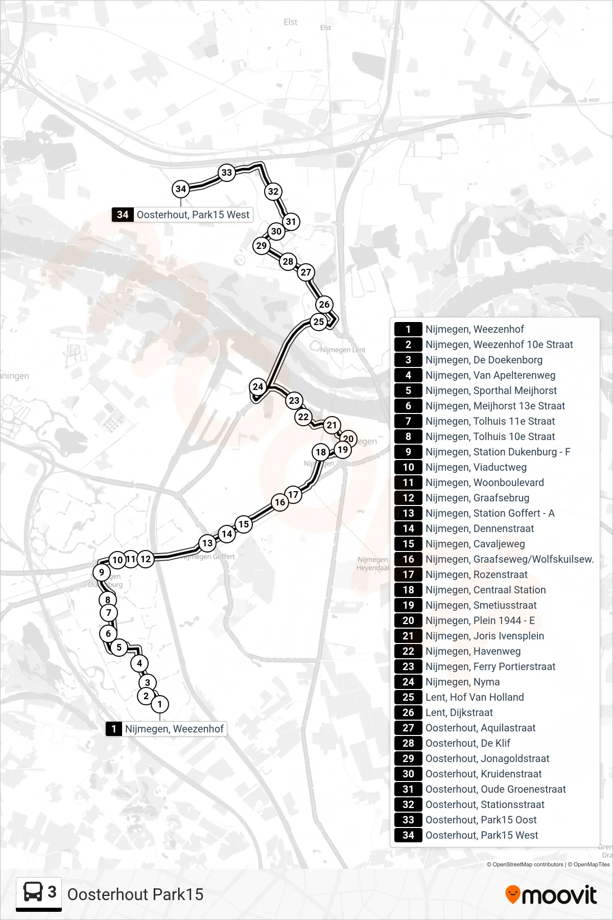 Lijn 3 (bus, Oosterhout Park15): route en haltes op de kaart