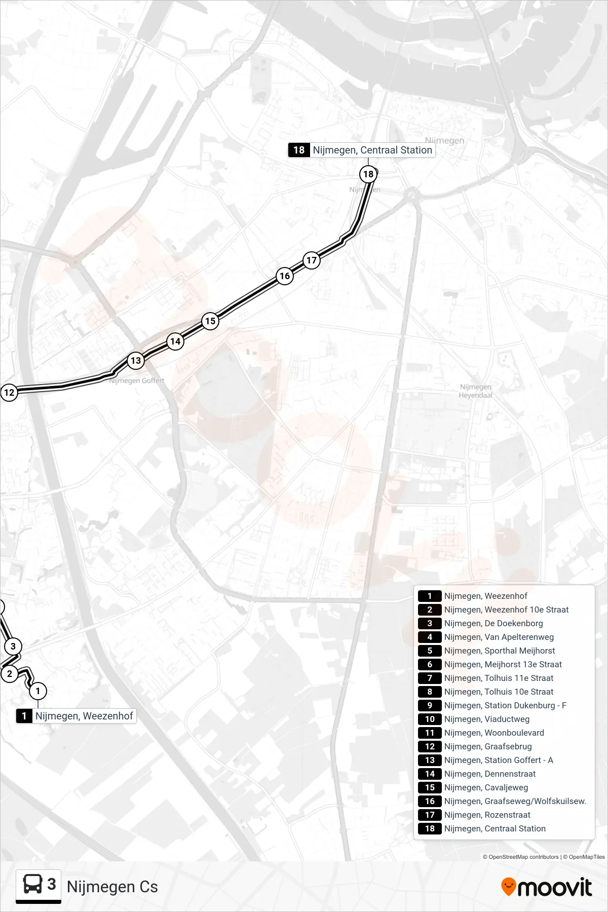 Lijn 3 (bus, Nijmegen Cs): route en haltes op de kaart