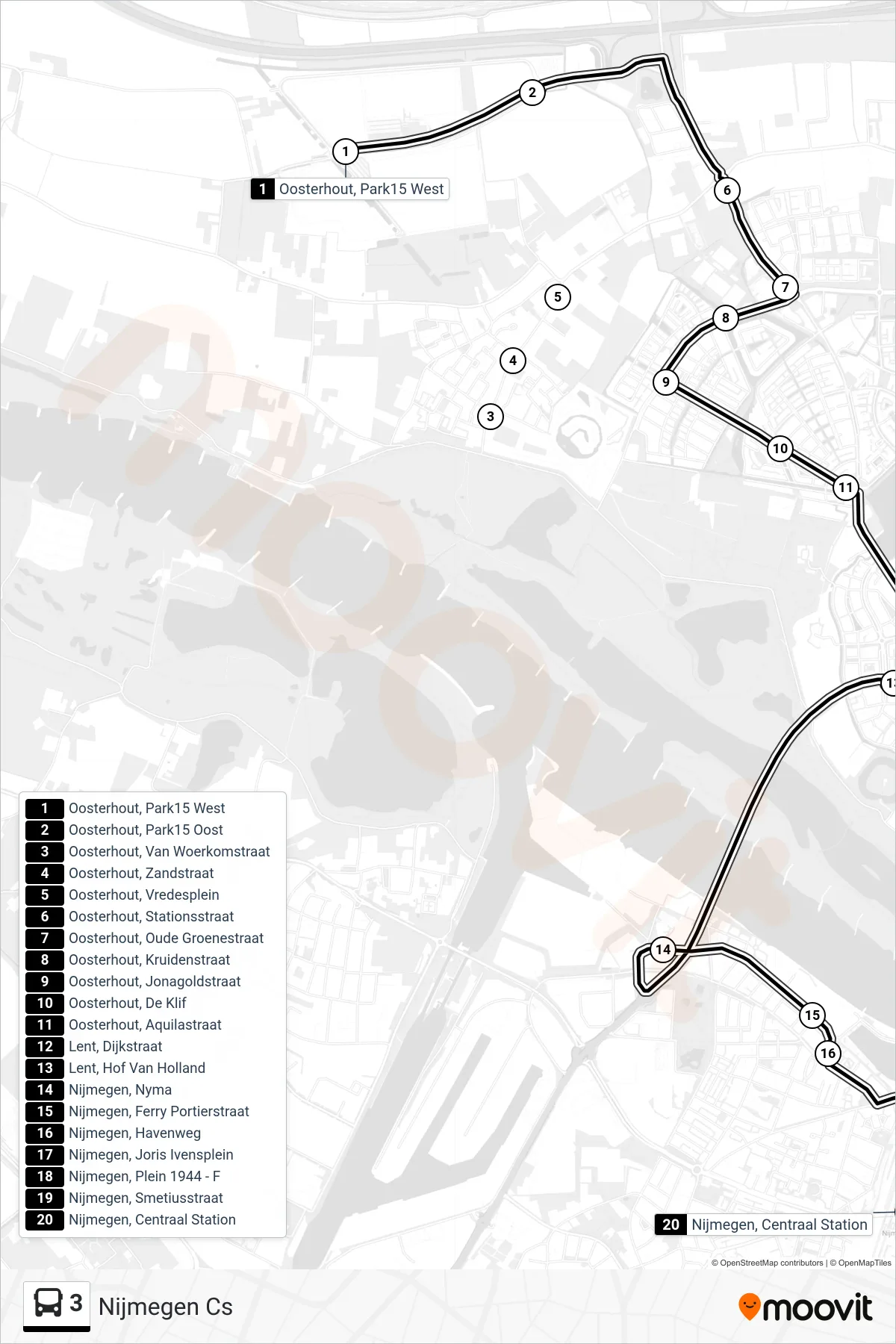 3 bus Line (Nijmegen Cs) route and stops on a map