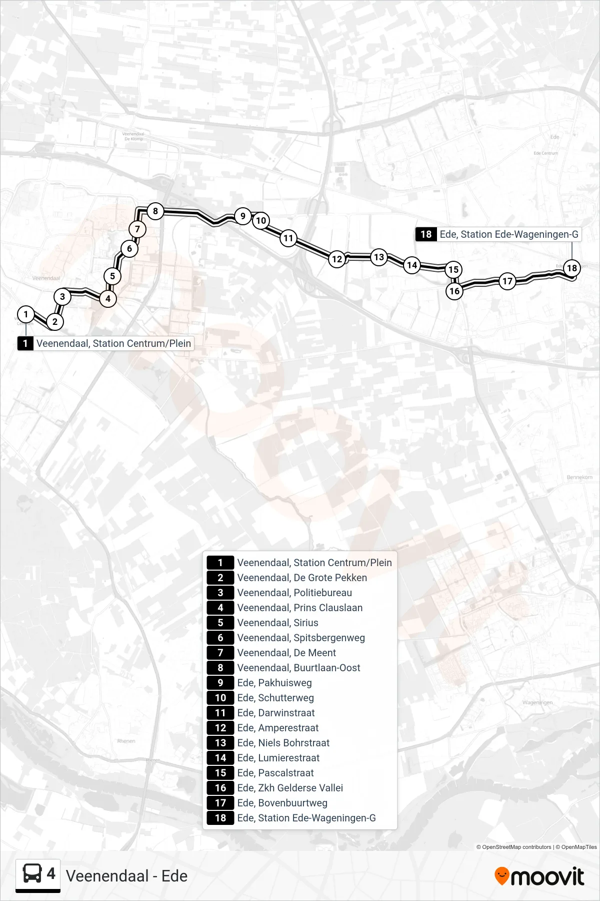 Lijn 4 (bus, Ede Station): route en haltes op de kaart