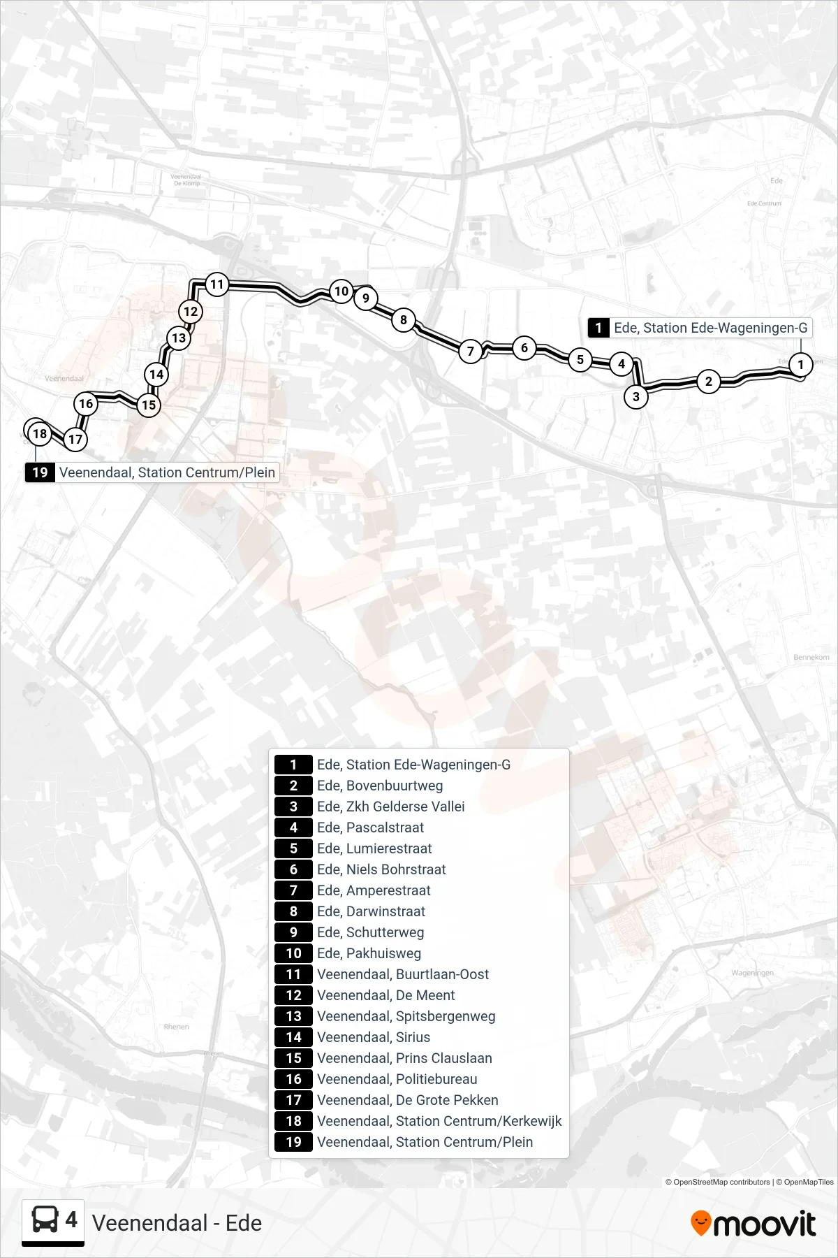 4 bus Line (Veenendaal Centrum) route and stops on a map