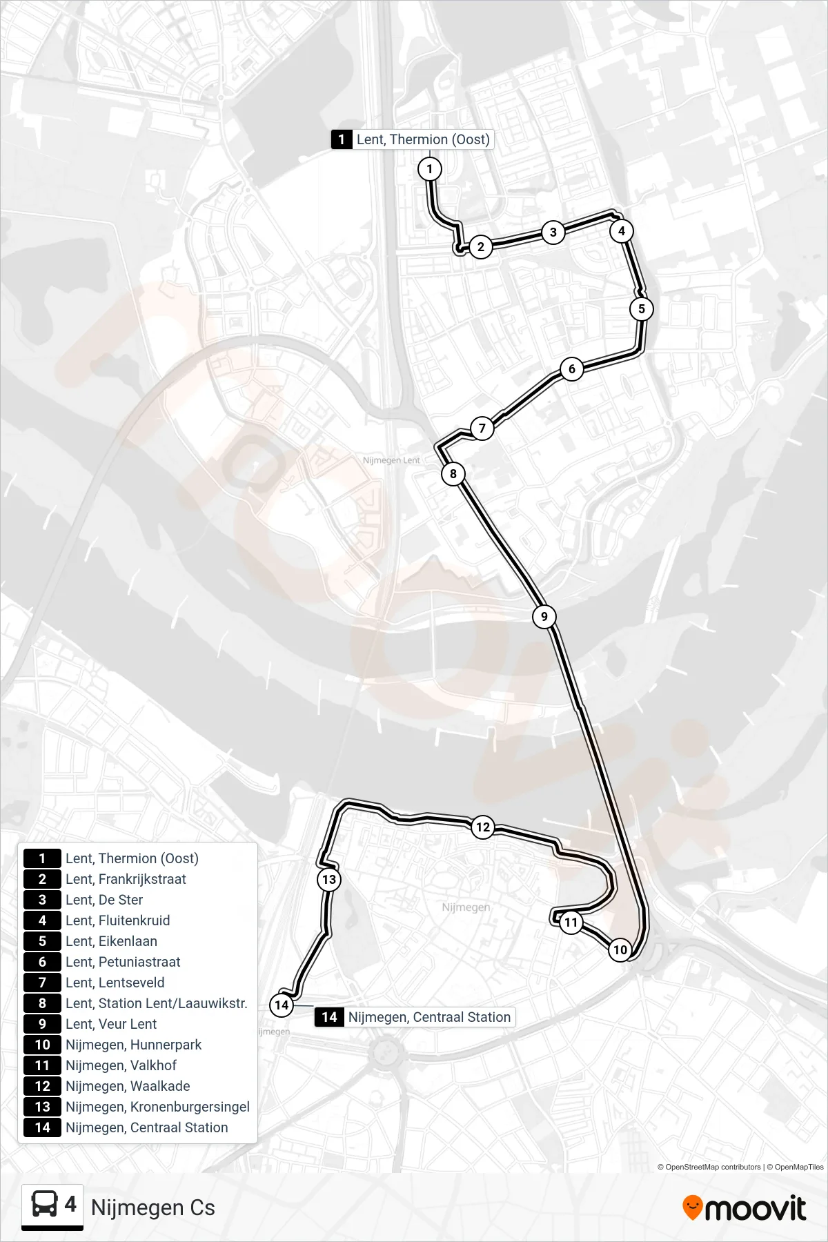 4 bus Line (Nijmegen Cs) route and stops on a map