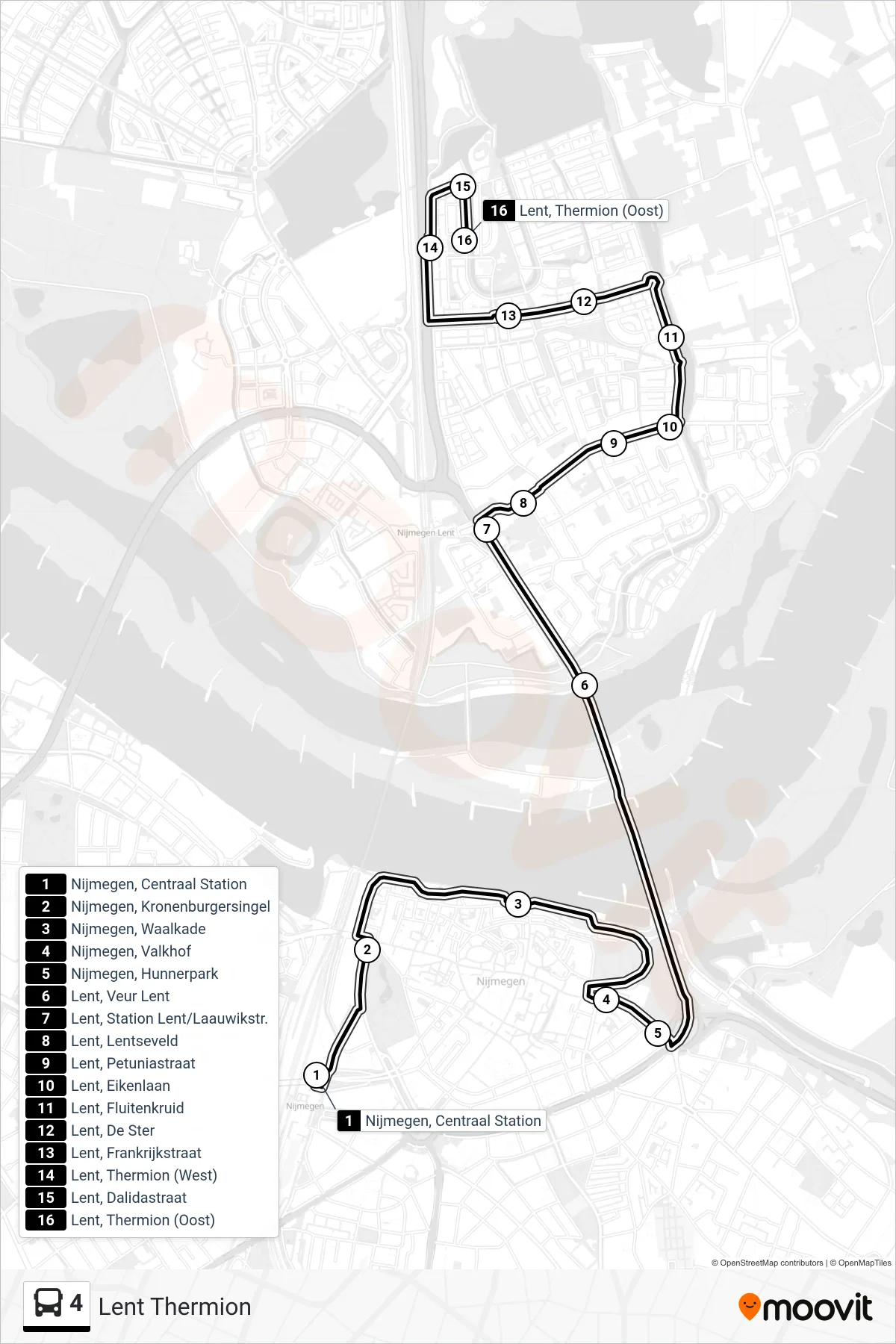 Lijn 4 (bus, Lent Thermion): route en haltes op de kaart
