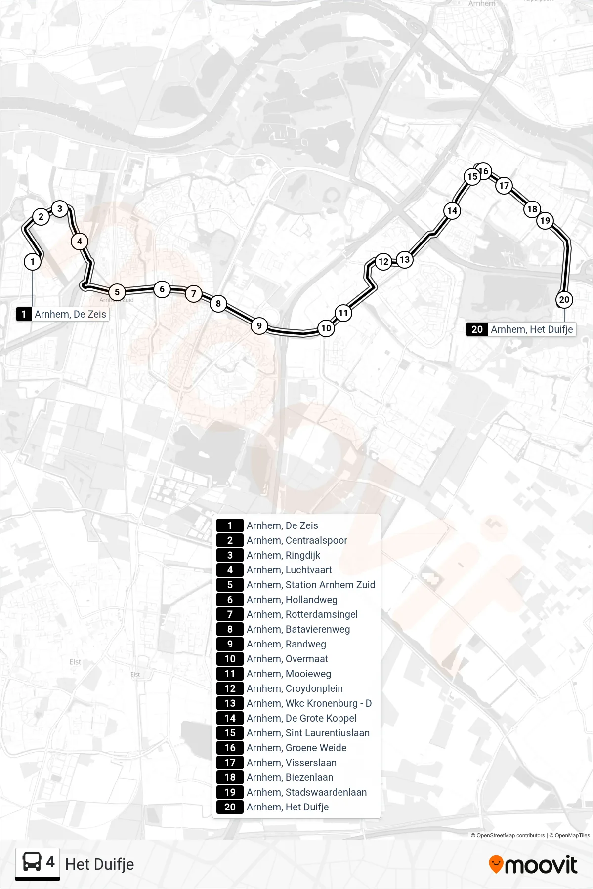 4 bus Line (Het Duifje) route and stops on a map