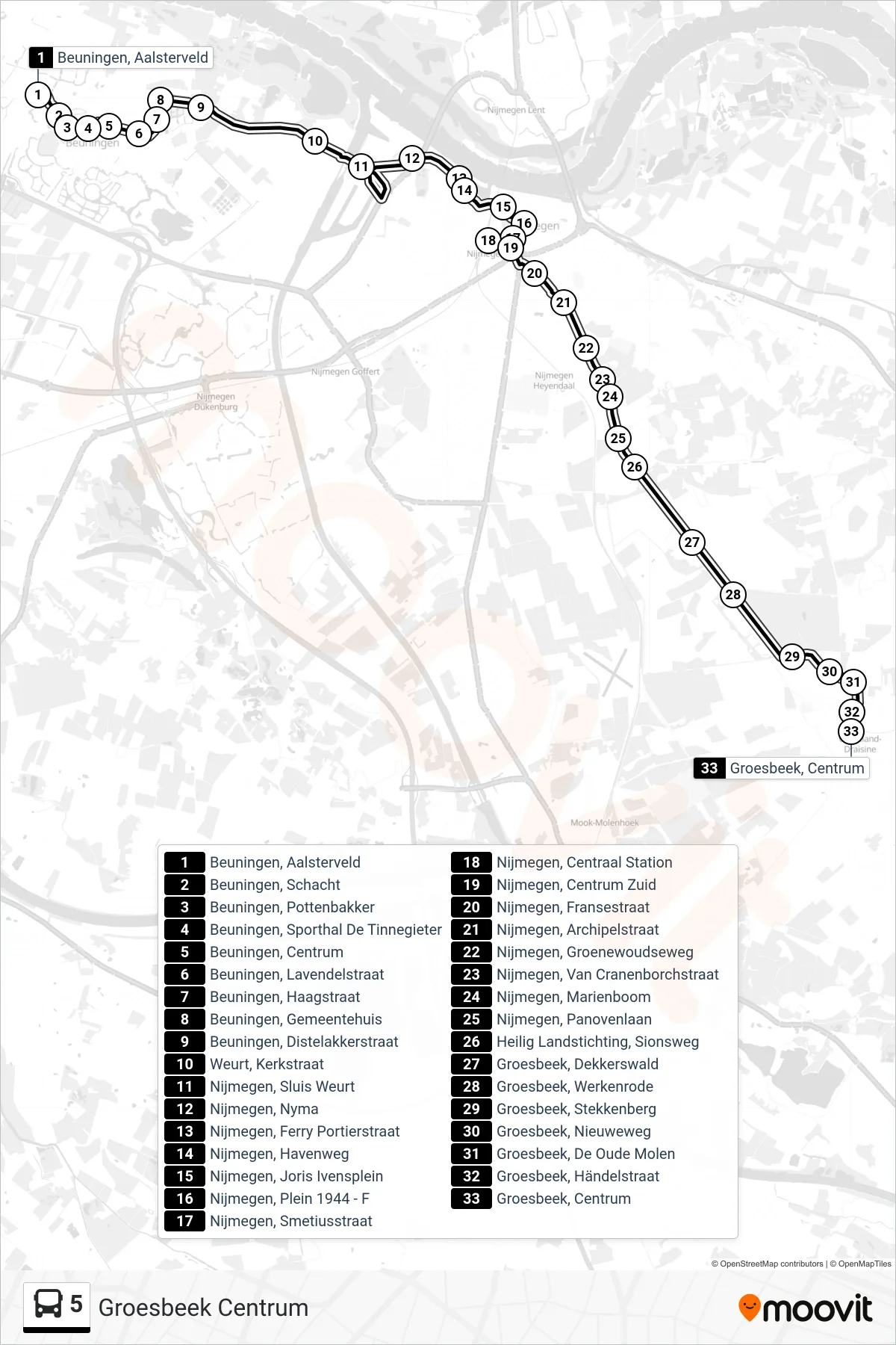 Lijn 5 (bus, Groesbeek Centrum): route en haltes op de kaart