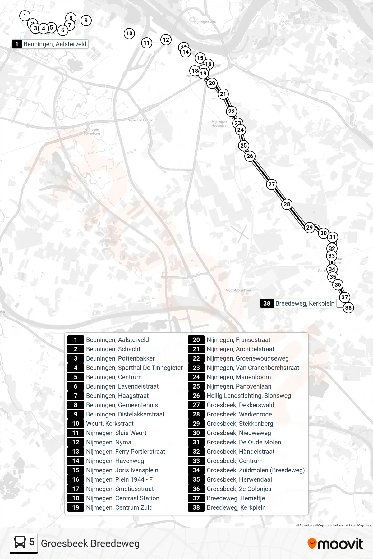 Lijn 5 (bus, Groesbeek Breedeweg): route en haltes op de kaart