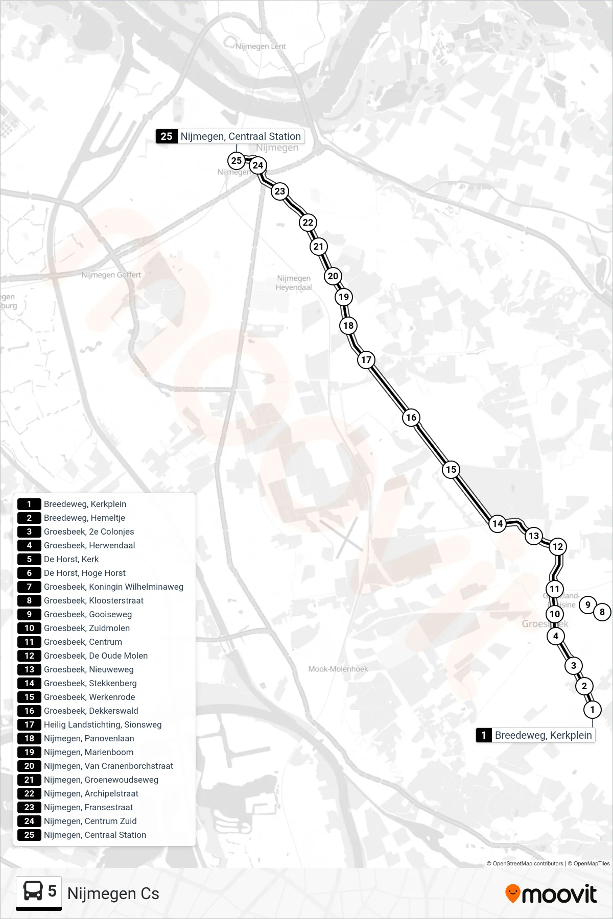 5 bus Line (Nijmegen Cs) route and stops on a map