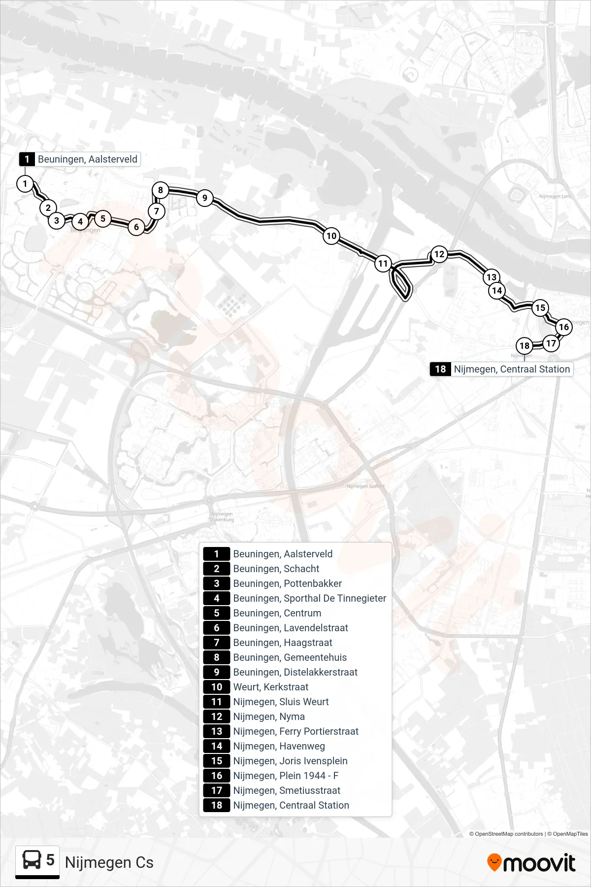 Lijn 5 (bus, Nijmegen Cs): route en haltes op de kaart