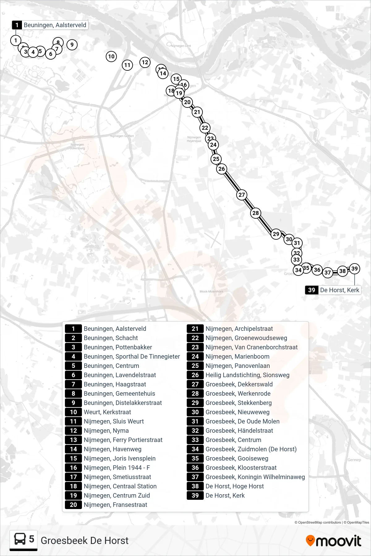 5 bus Line (Groesbeek De Horst) route and stops on a map