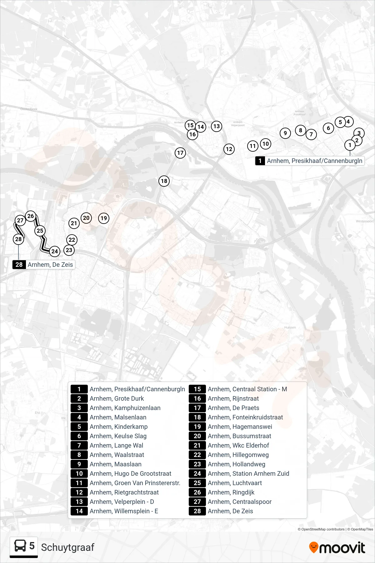 5 bus Line (Schuytgraaf) route and stops on a map