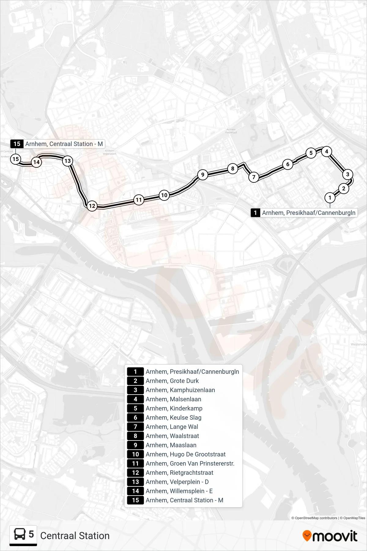 5 bus Line (Centraal Station) route and stops on a map