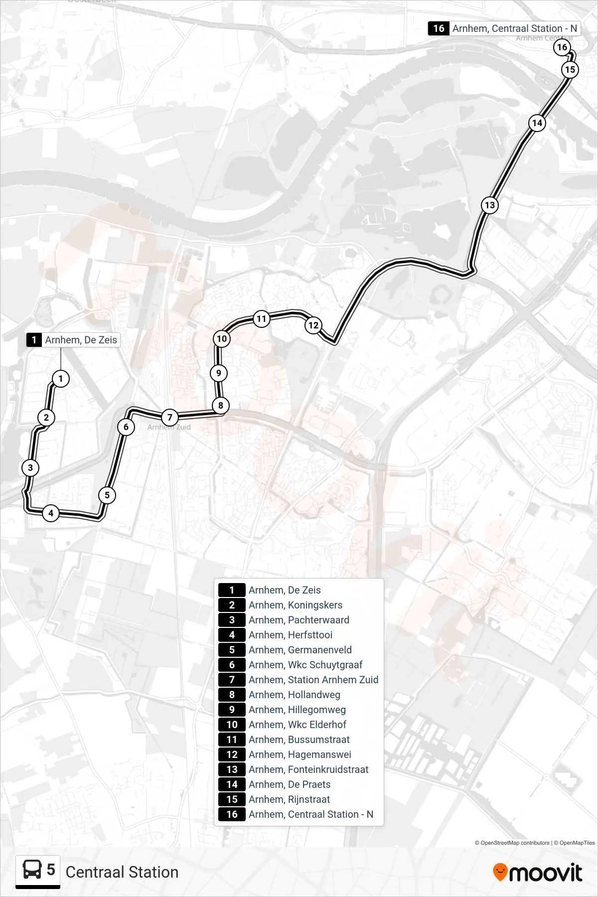 5 bus Line (Centraal Station) route and stops on a map