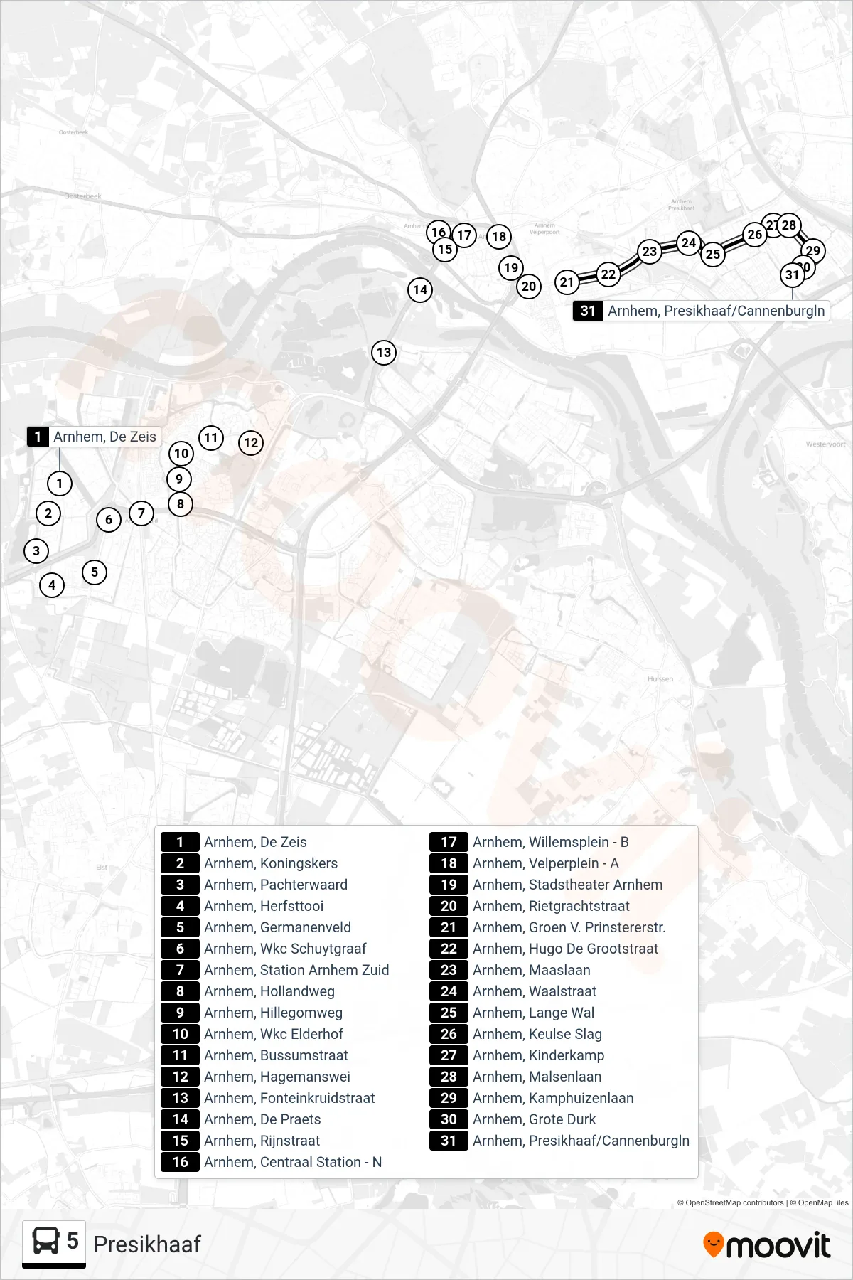 Lijn 5 (bus, Presikhaaf): route en haltes op de kaart