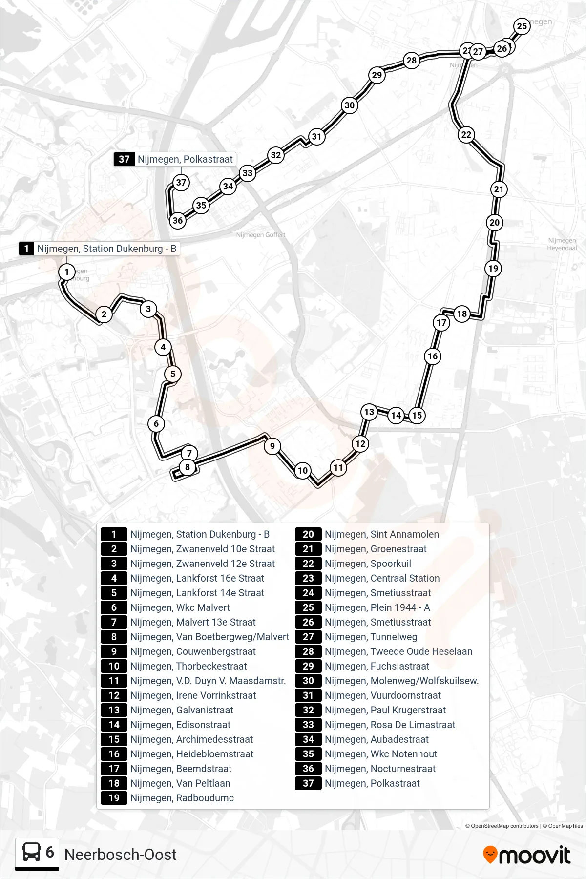 Lijn 6 (bus, Neerbosch-Oost): route en haltes op de kaart