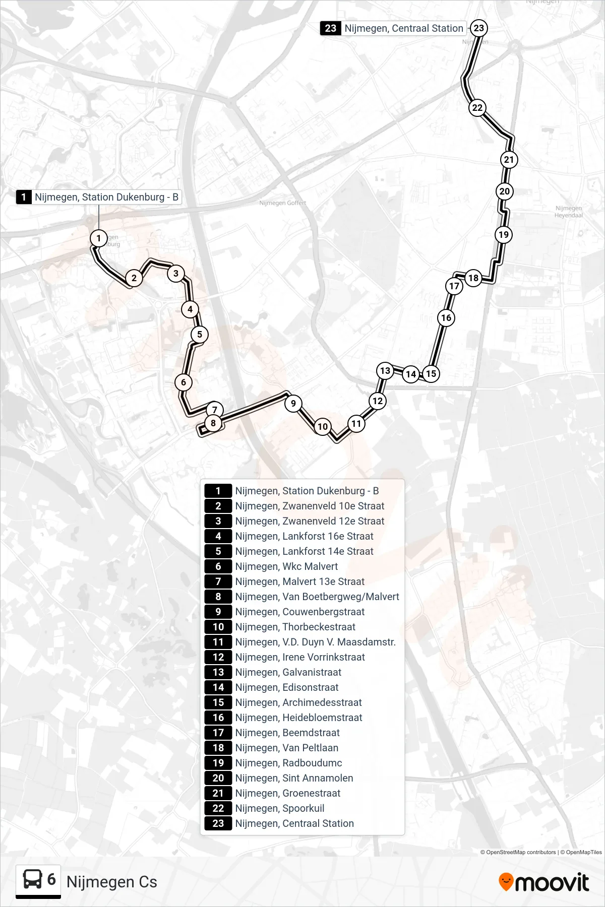 6 bus Line (Nijmegen Cs) route and stops on a map