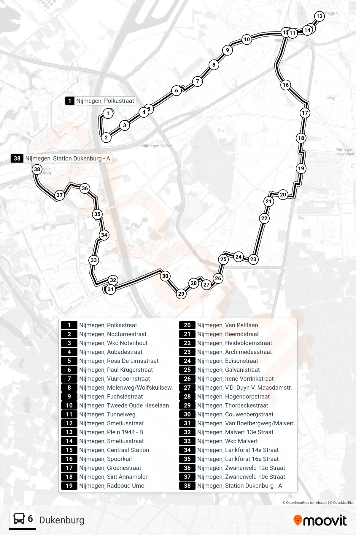 6 bus Line (Dukenburg) route and stops on a map