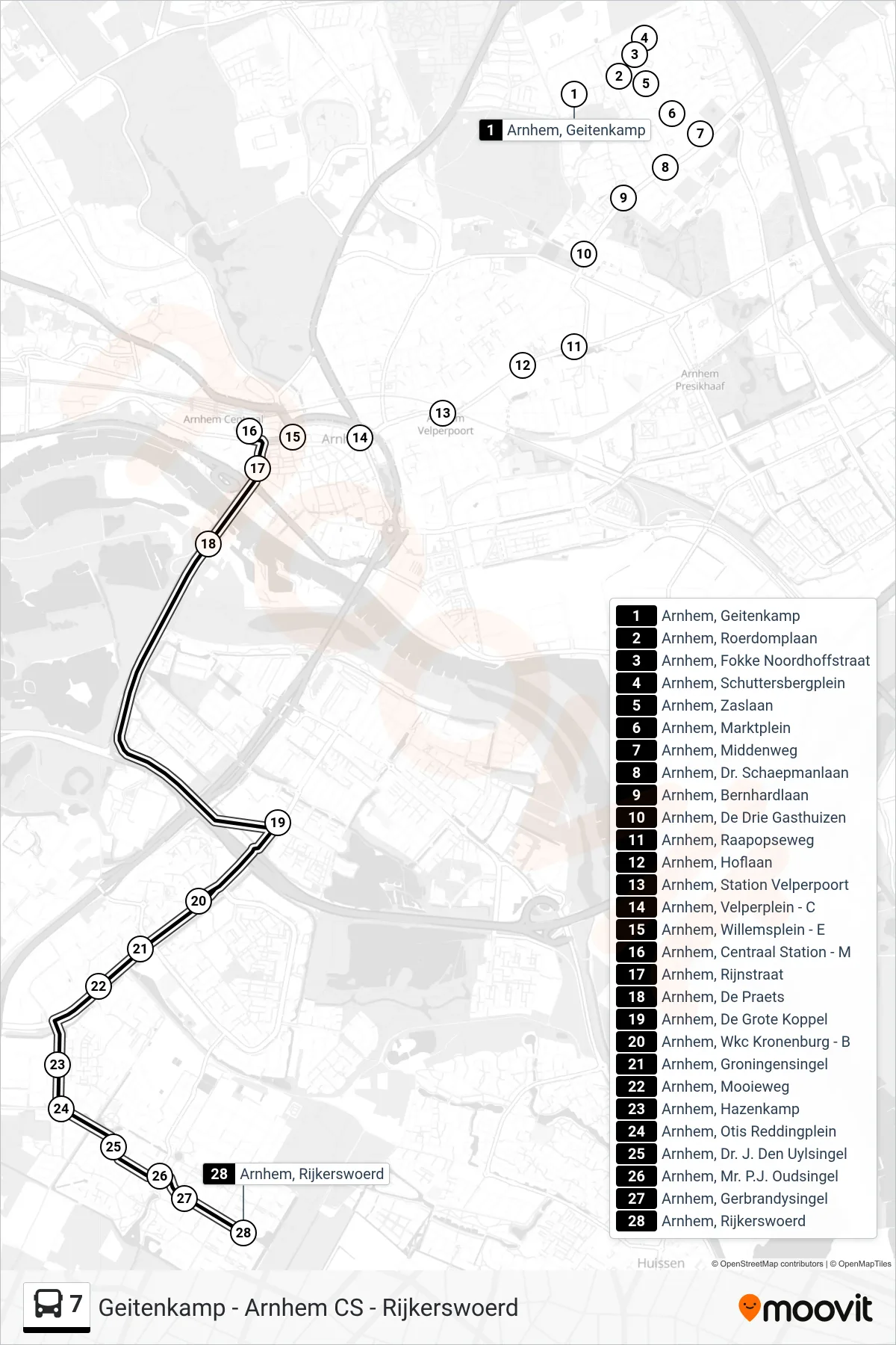 Lijn 7 (bus, Rijkerswoerd): route en haltes op de kaart