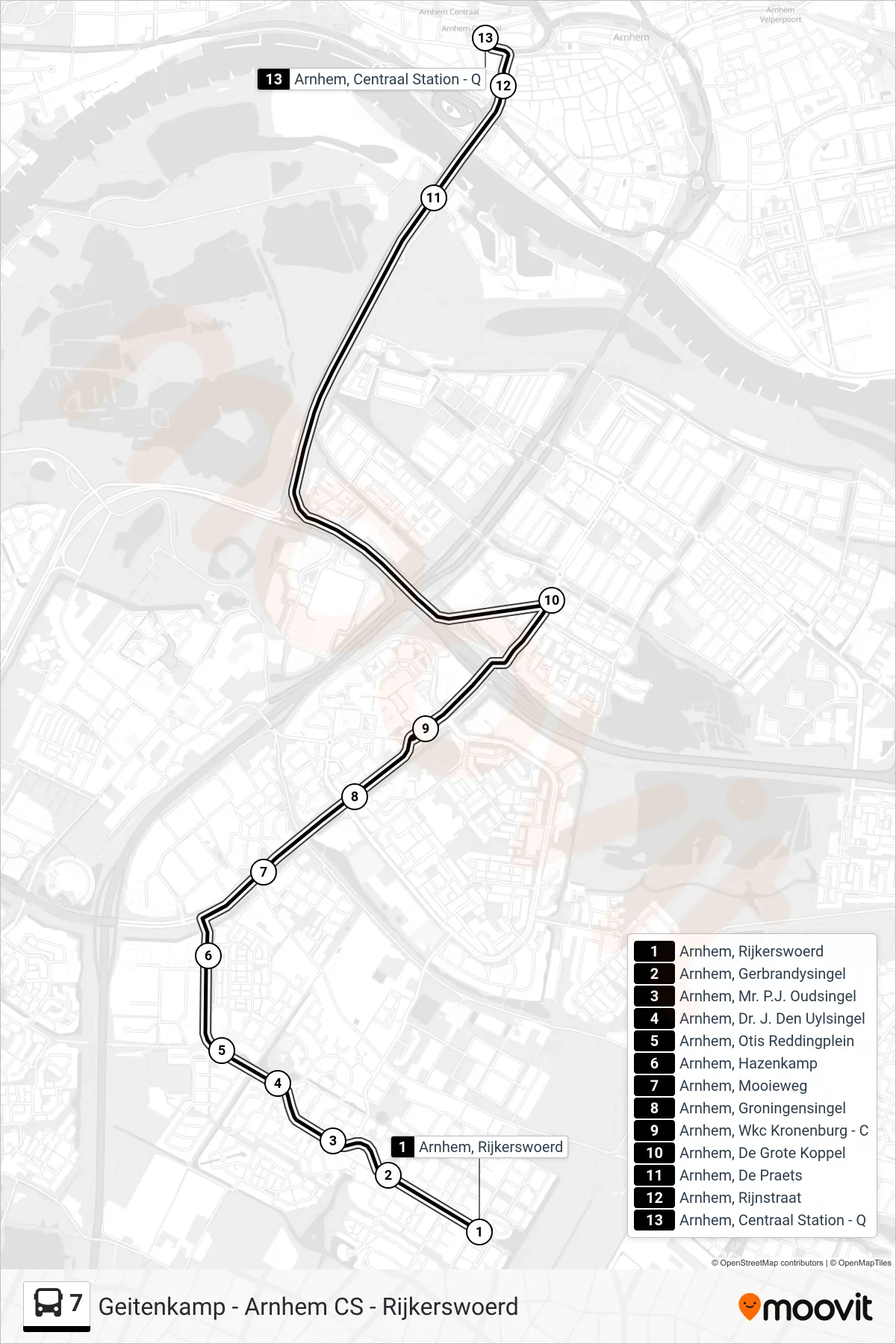 7 bus Line (Centraal Station) route and stops on a map