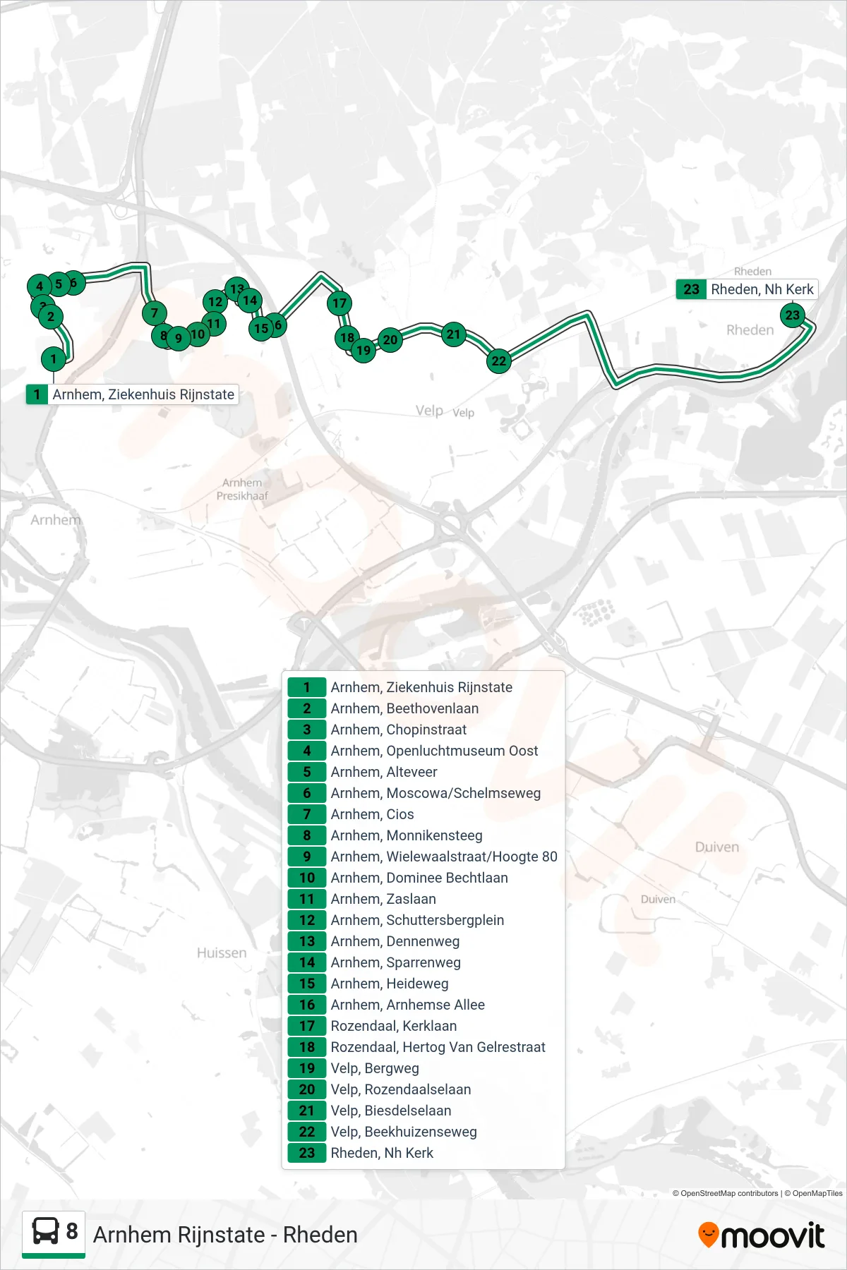 Lijn 8 (bus, Rheden): route en haltes op de kaart