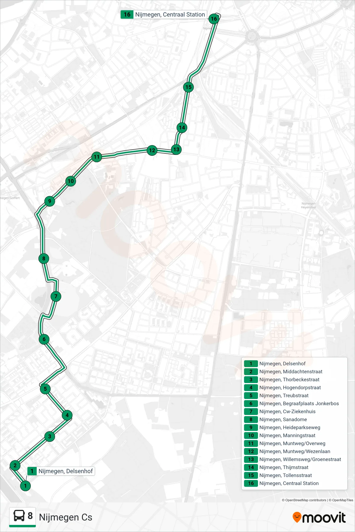 Lijn 8 (bus, Nijmegen Cs): route en haltes op de kaart