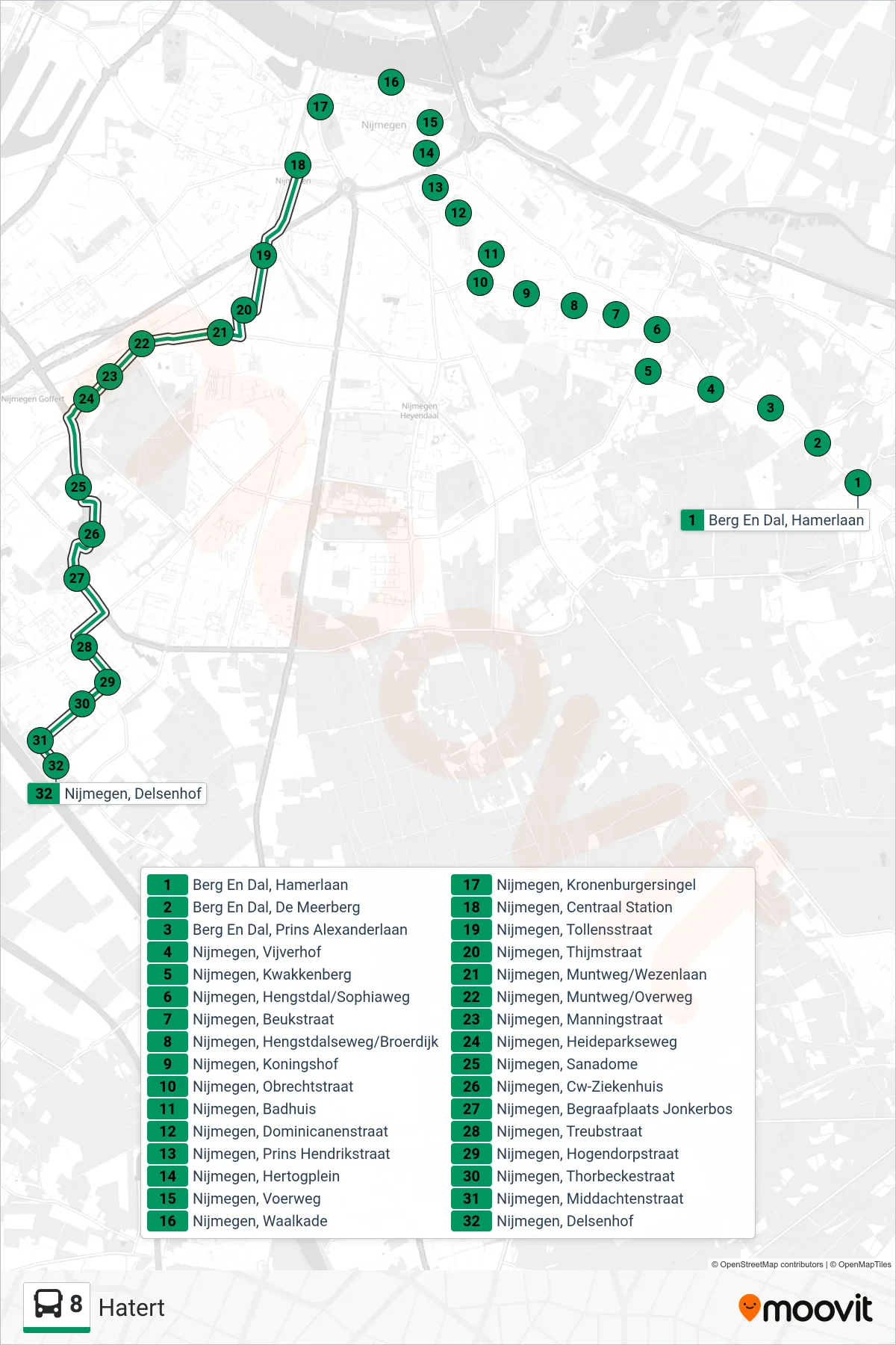 8 bus Line (Hatert) route and stops on a map