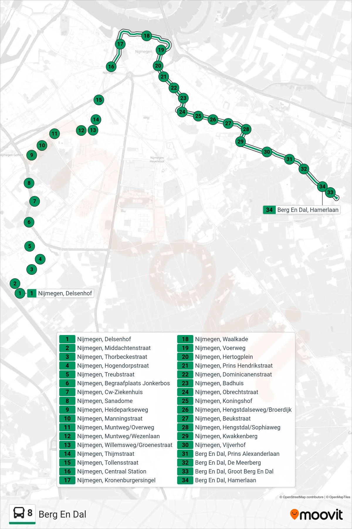 Lijn 8 (bus, Berg En Dal): route en haltes op de kaart