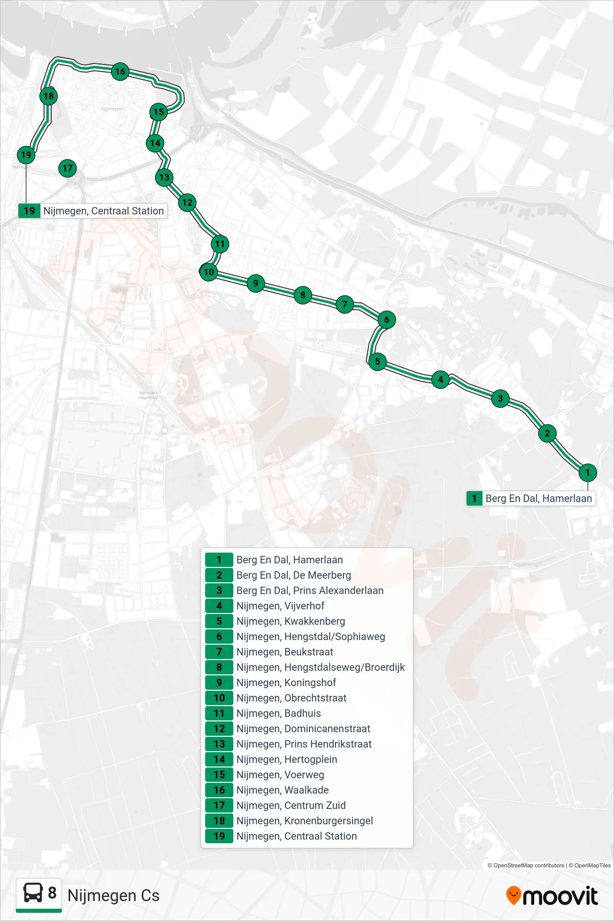 Lijn 8 (bus, Nijmegen Cs): route en haltes op de kaart