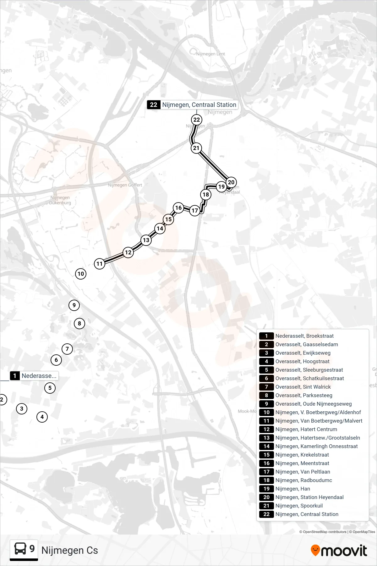 9 bus Line (Nijmegen Cs) route and stops on a map