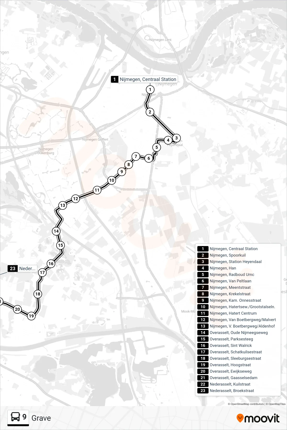 Lijn 9 (bus, Grave): route en haltes op de kaart