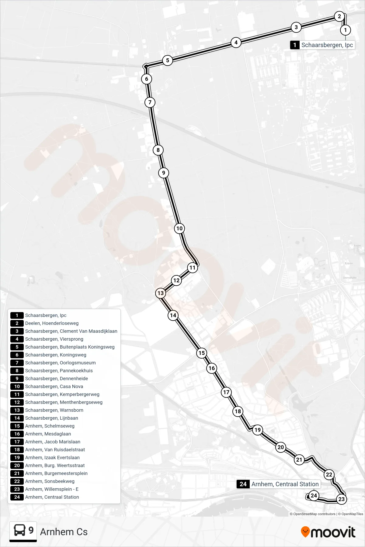 Lijn 9 (bus, Arnhem Cs): route en haltes op de kaart